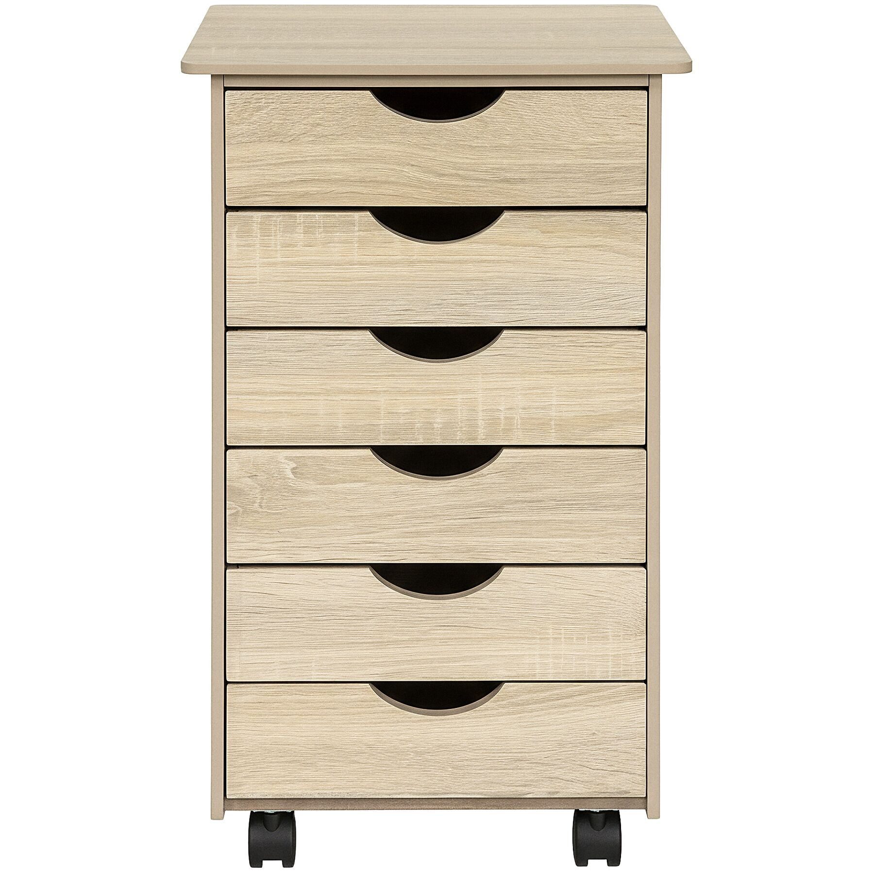 tectake Rollcontainer Schubladenschrank, einfache Montage, Maße 36 x 40 x 65 cm, aus Holz, (Schreibtisch Unterschrank, in Holz hell, Eiche Sonoma), 6 Schubl., 4 leichtgängige, drehbare Doppelrollen, abgerundete Kanten