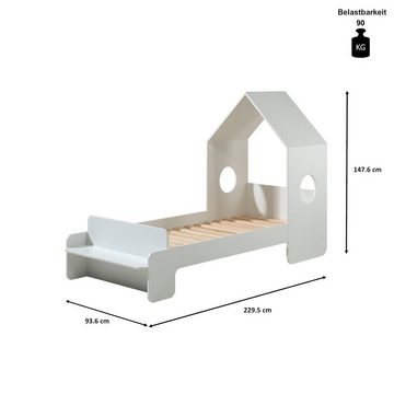 Kindermöbel 24 Hausbett Maxi inkl Rolllattenrost + Sitzbank + Dachüberbau