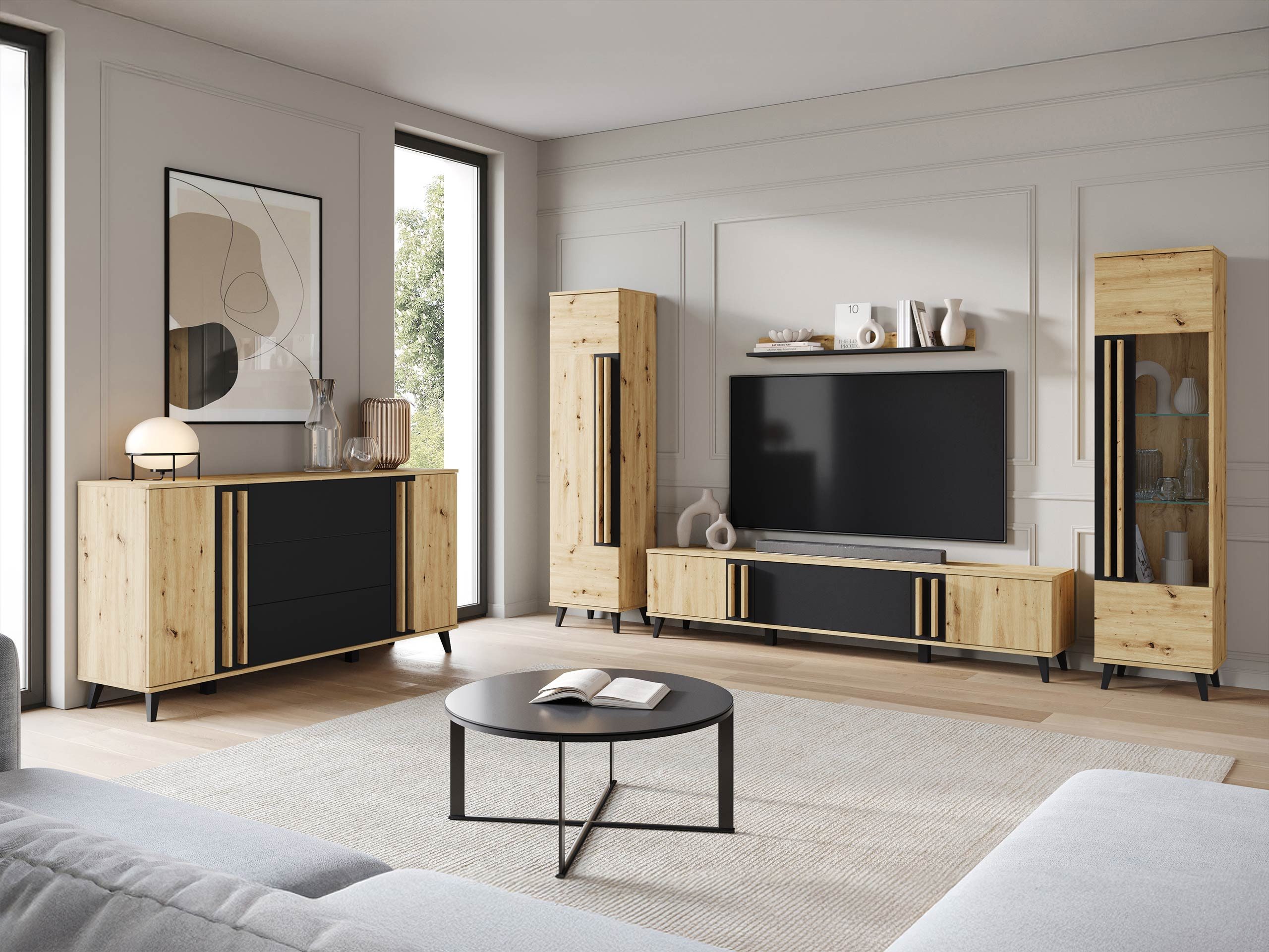 MIRJAN24 Wohnzimmer-Set Helsinki IV, (5er-Set, Vitrine, Regal, TV-Lowboard, Wandregal, Kommode), Füße - 10 cm