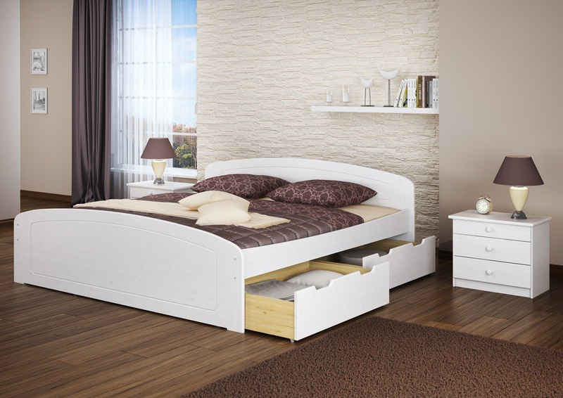 ERST-HOLZ Bett Doppelbett 180x200 weiß mit Bettkasten, Rollrost, Matratzen, Kieferwaschweiß