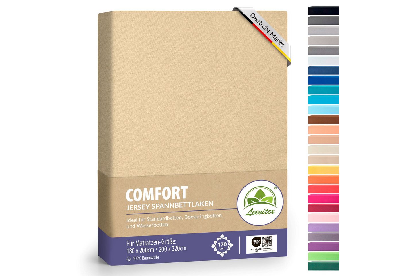 leevitex® Spannbettlaken 180x200 cm - 200x220 cm, Stoffgewicht 170 g/m², 40 cm Steghöhe, Jersey, Gummizug: rundum, (1 Stück), verschiedene Farben, OEKO-TEX® STANDARD 100 zertifiziert