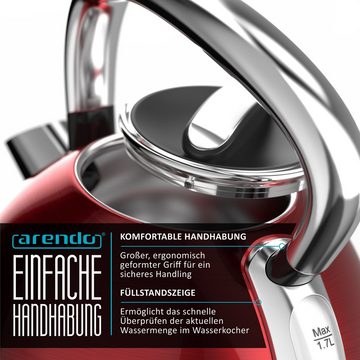 Arendo Wasserkocher, 1,7 l, 2200 W, Edelstahl Retro Style Vintage, LED Temperaturanzeige, rot