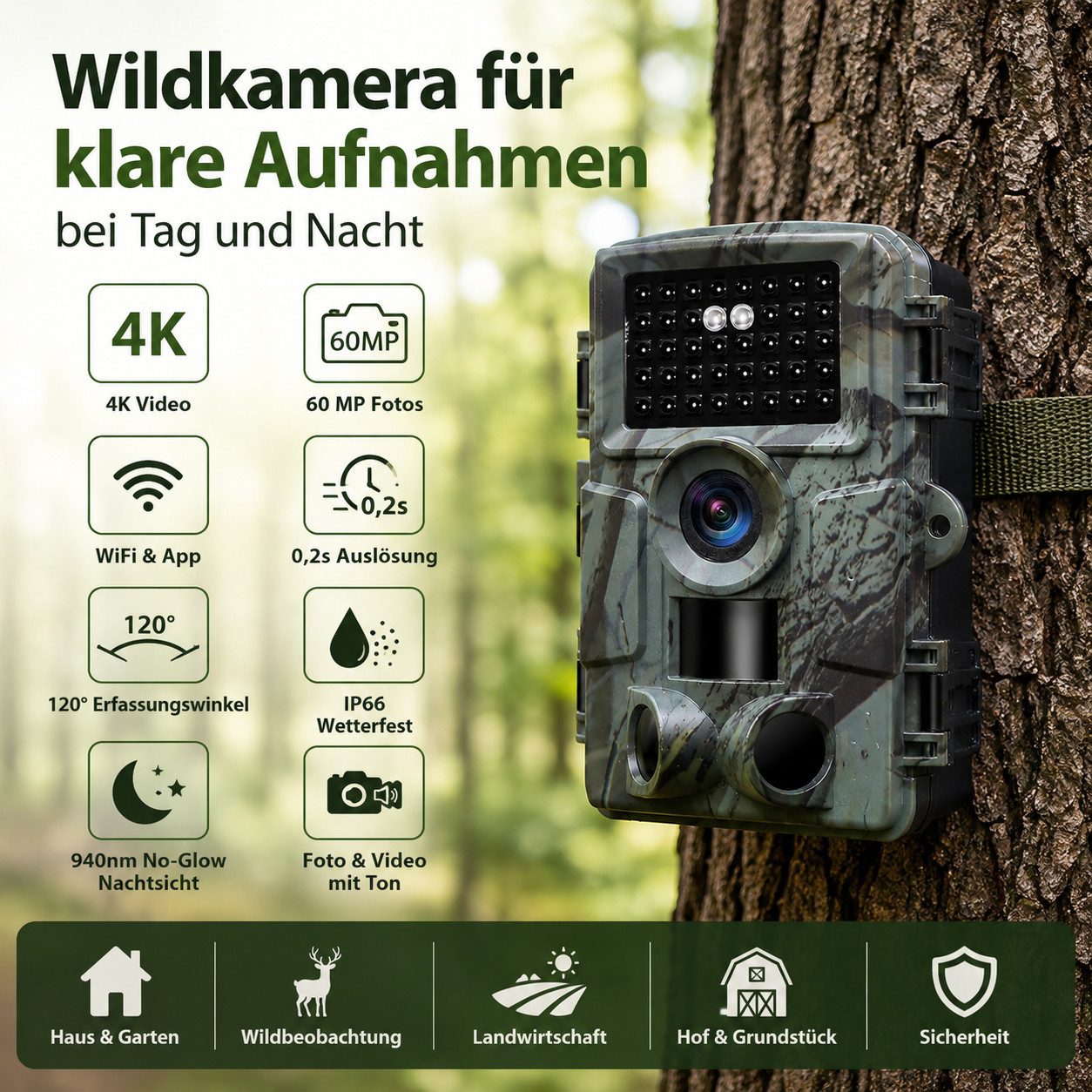 Lisabonde Wildkamera 4K 60MP WiFi, App-Steuerung, IP66 wasserdicht, 0,2s Auslöser & 64GB SD (Außenbereich, Packung, Inklusive 64GB microSD-Karte, WiFi & App-Ste – Bild 2 von 5