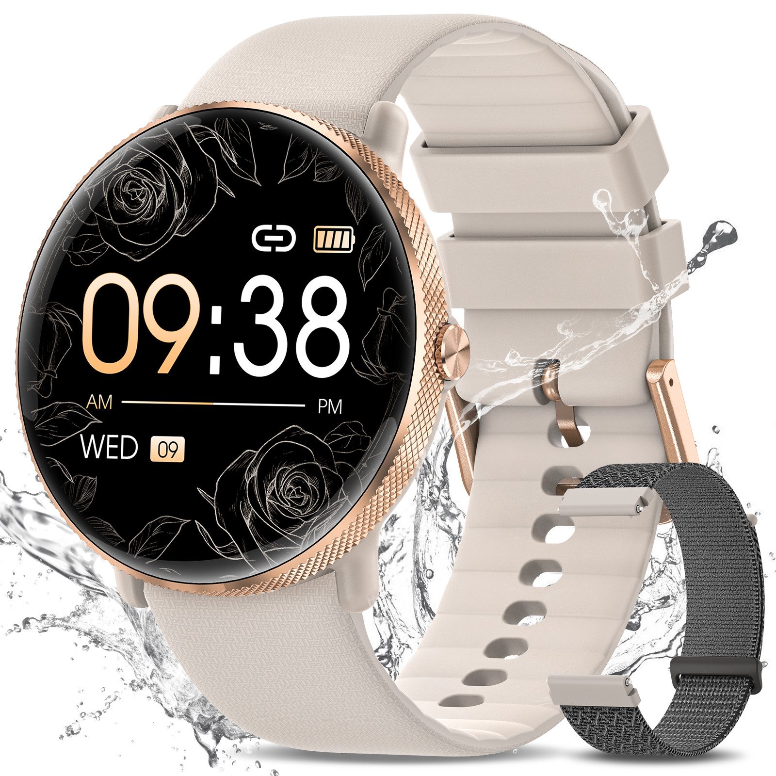 SWGOTA Smartwatch Damen mit Bluetooth-Anruf,1.43 Zoll AMOLED Display Smartwatch (3.63 cm/1.43 Zoll), IP68 Fitness Uhr mit Herzfrequenz/Blutdruck/SpO2/Schlafmonitor