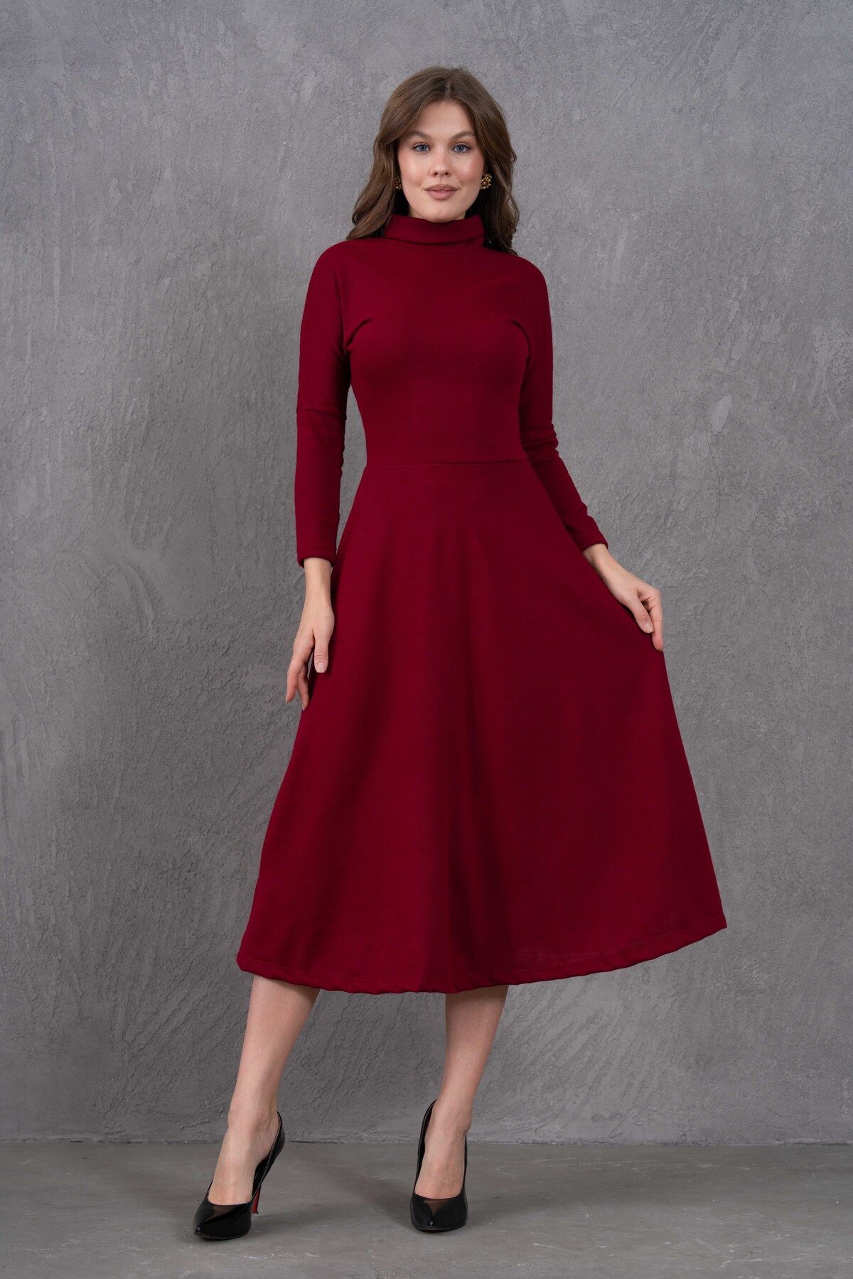 WOMAN VISION Midikleid Midi-Kleid mit hohem Kragen und ausgestelltem Rock