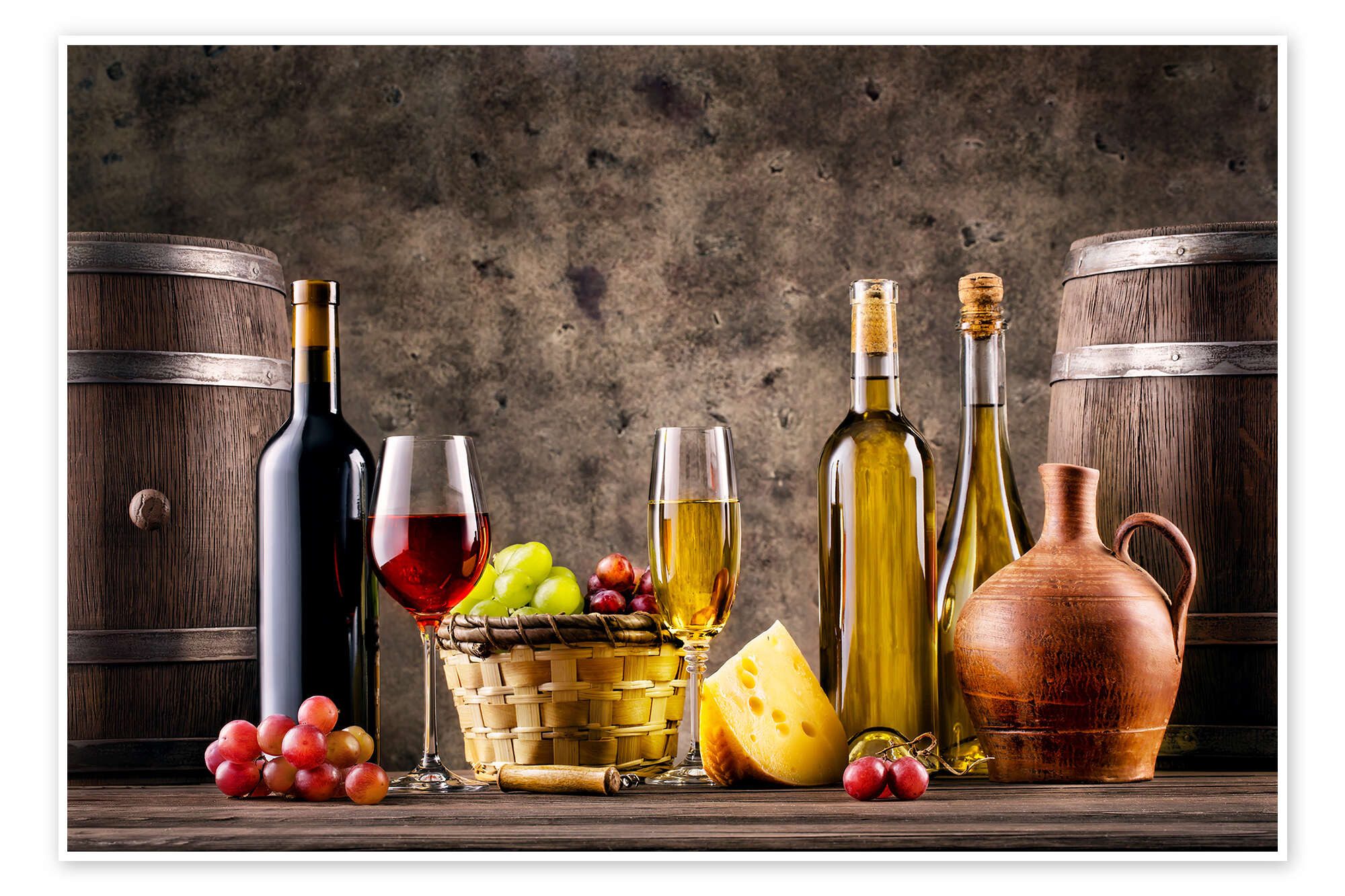 Posterlounge Wandbild Wein, Trauben, Fässer und Käse, Editors Choice, erhältlich als Poster, Leinwandbild, Wandsticker oder Acrylglasbild