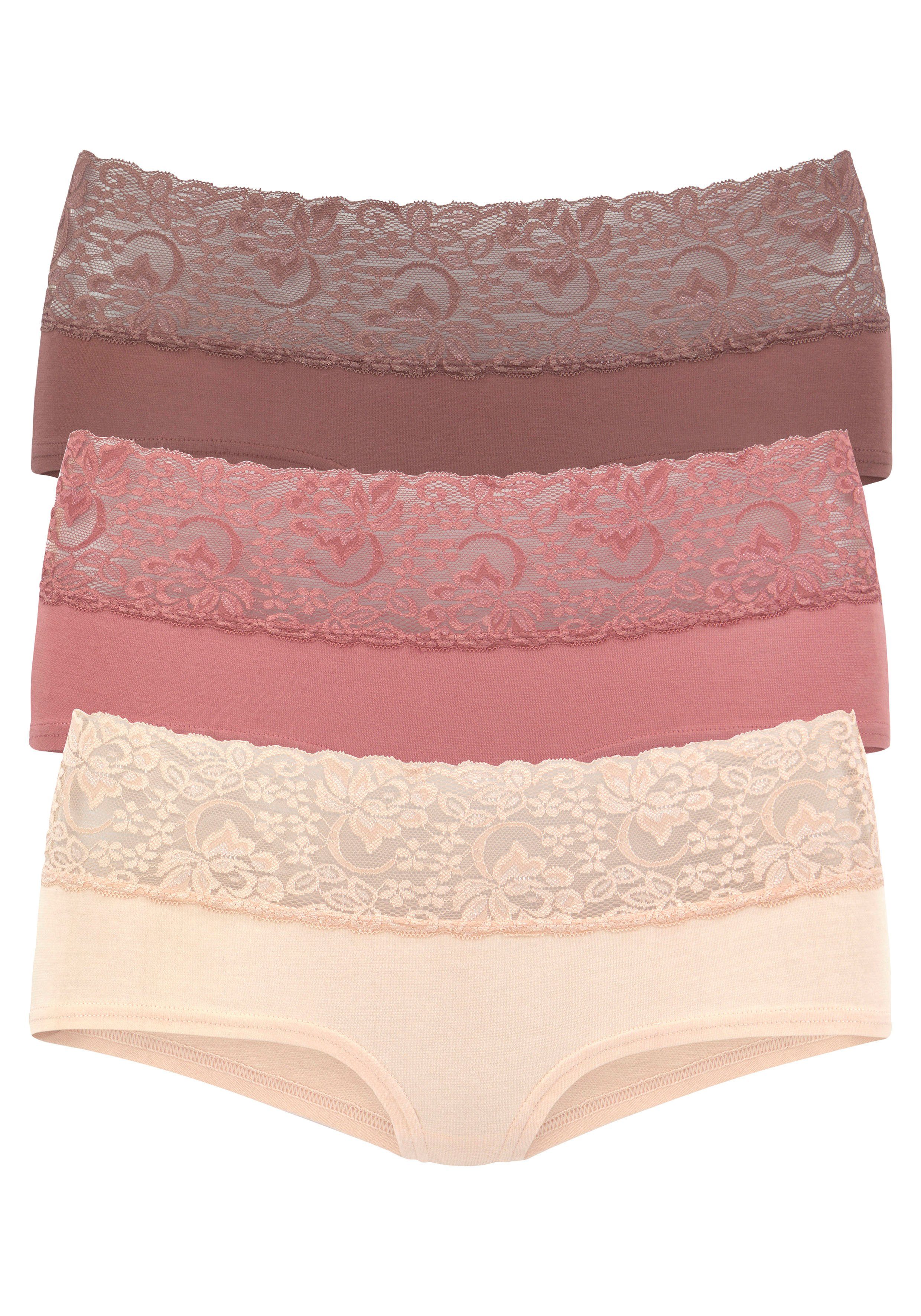 Günstigste Herausforderung! Vivance Panty (Packung, rose, elastischer floraler aus mit Spitze 3-St) Baumwolle mahagoni beere