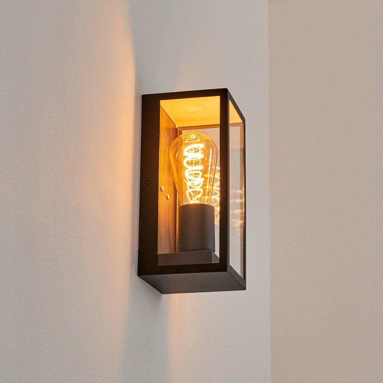 hofstein Lichteffekt E27, Wandlampe Metall/Glas ohne Leuchtmittel, mit in »Bruno« IP44 aus Außenleuchte Außen-Wandleuchte Schwarz/Holzoptik/Klar,