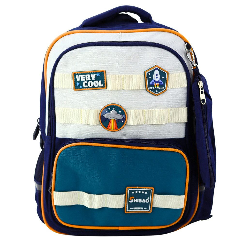 LEAN TOYS Schulrucksack Kinderrucksack Schulranzen Freizeitrucksack (Spar-Set, 1-tlg., 39 x 27 x 15 cm robust), Weltraum-Aufnäher, Brustgurt, Reflektoren