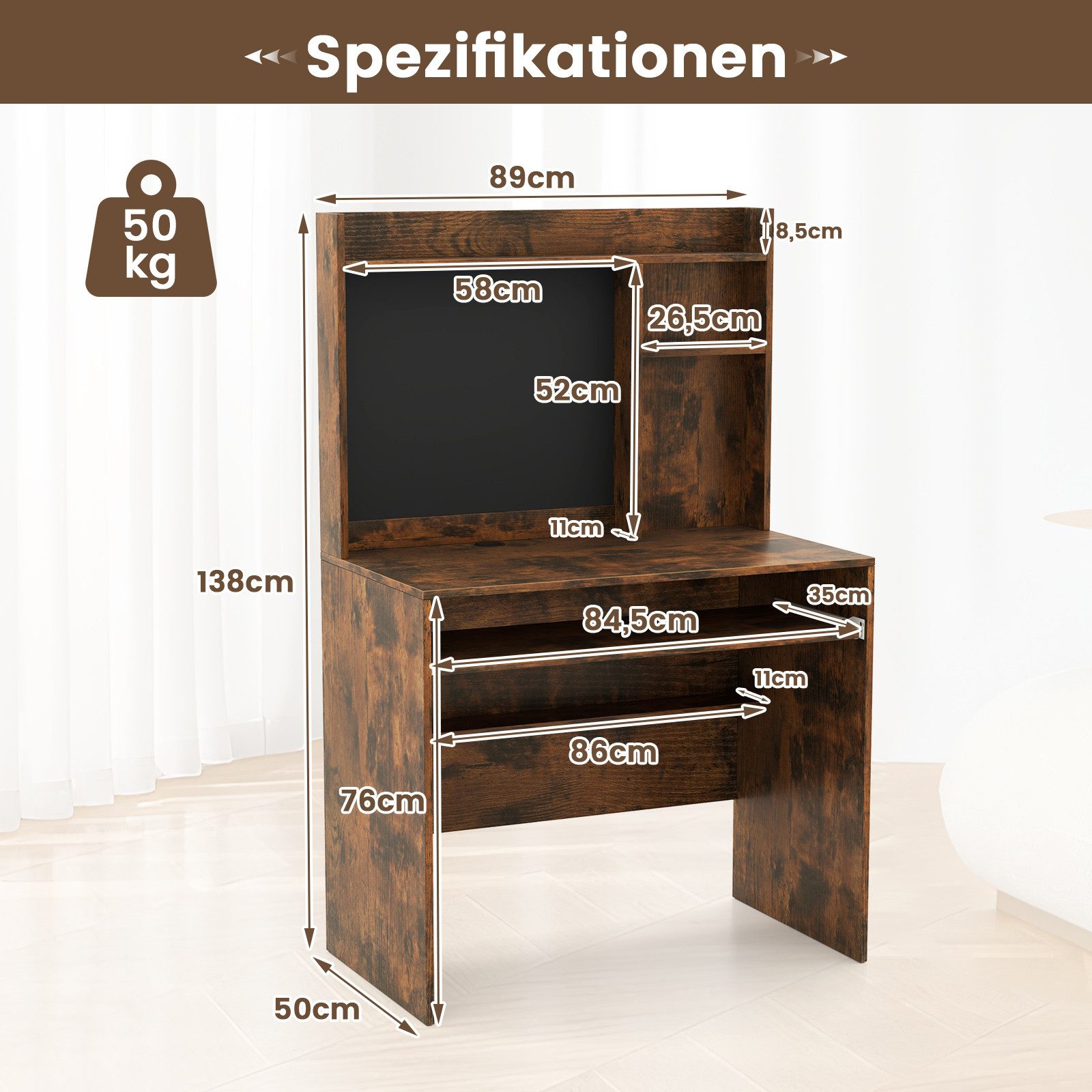 COSTWAY Schreibtisch, mit magnetischer Pinnwand & Aufsatz 89x50x138cm weiß