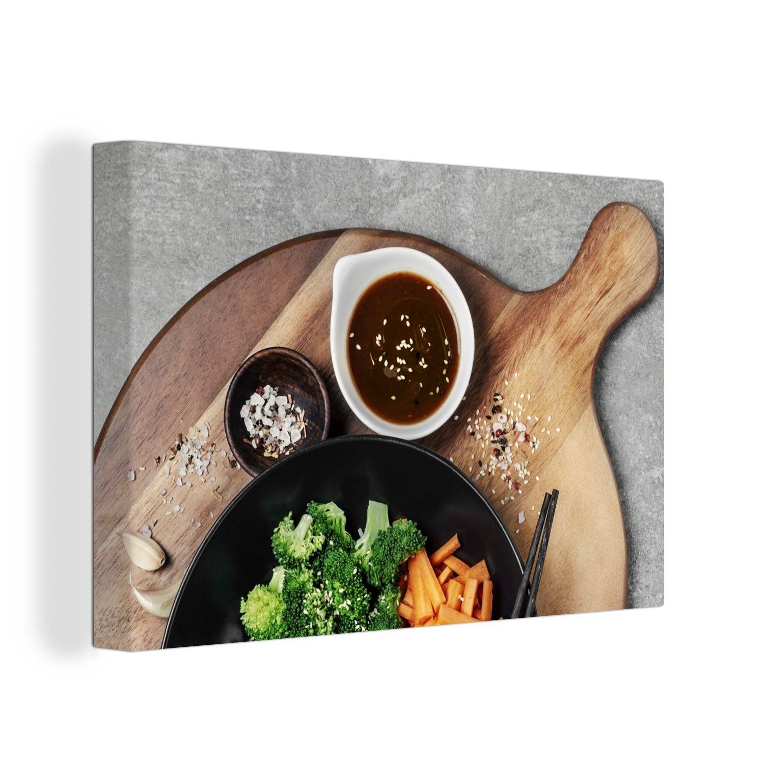 OneMillionCanvasses® Leinwandbild Eine Schüssel mit Gemüse, Kräutern und pikanter Soße auf einem, (1 St), Wandbild Leinwandbilder, Aufhängefertig, Wanddeko, 30x20 cm