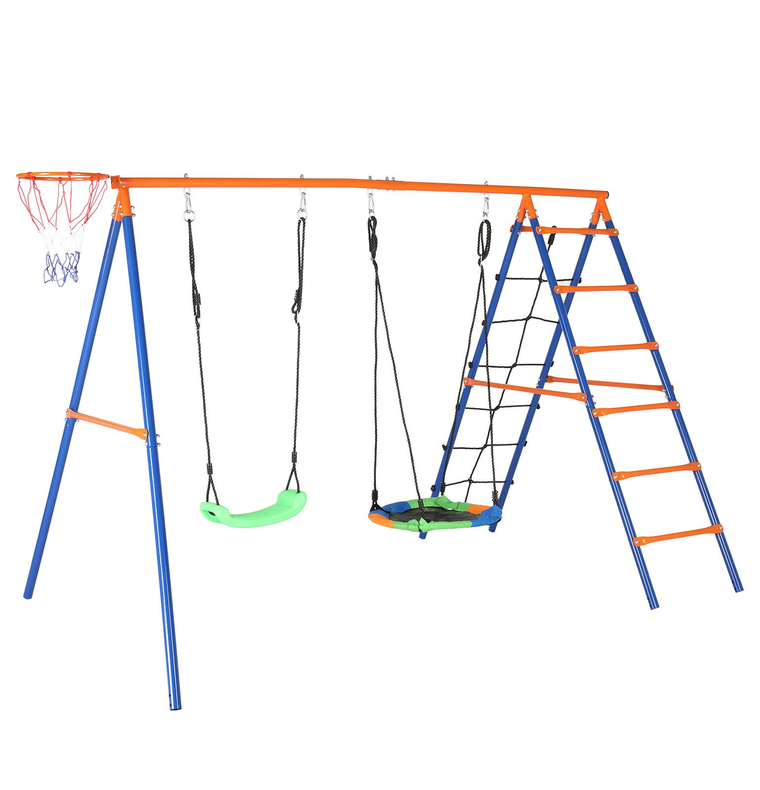LALAHO Schaukelgestell nmit Nestschaukel,Kinderschaukel,A-Rahme,Schaukelgerüst, 5-in-1 Schaukelset mit Kletterleiter & Basketballkorb für Garten