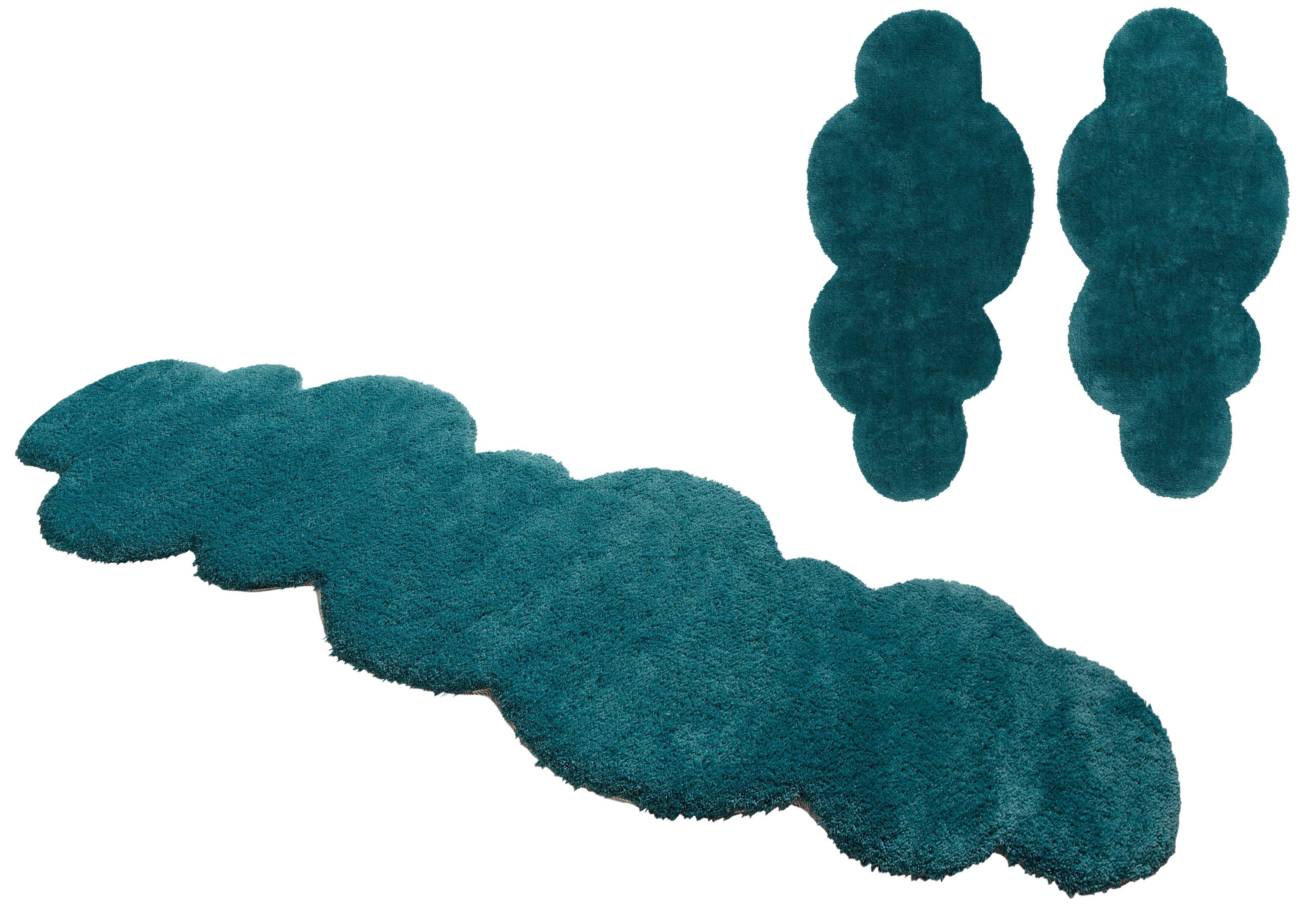 Bettumrandung Microfaser Teppich Magong my home, Höhe 25 mm, (3-tlg), Wolkenform, Mikrofaser, einfarbiger Bettvorleger, Läufer-Set petrol