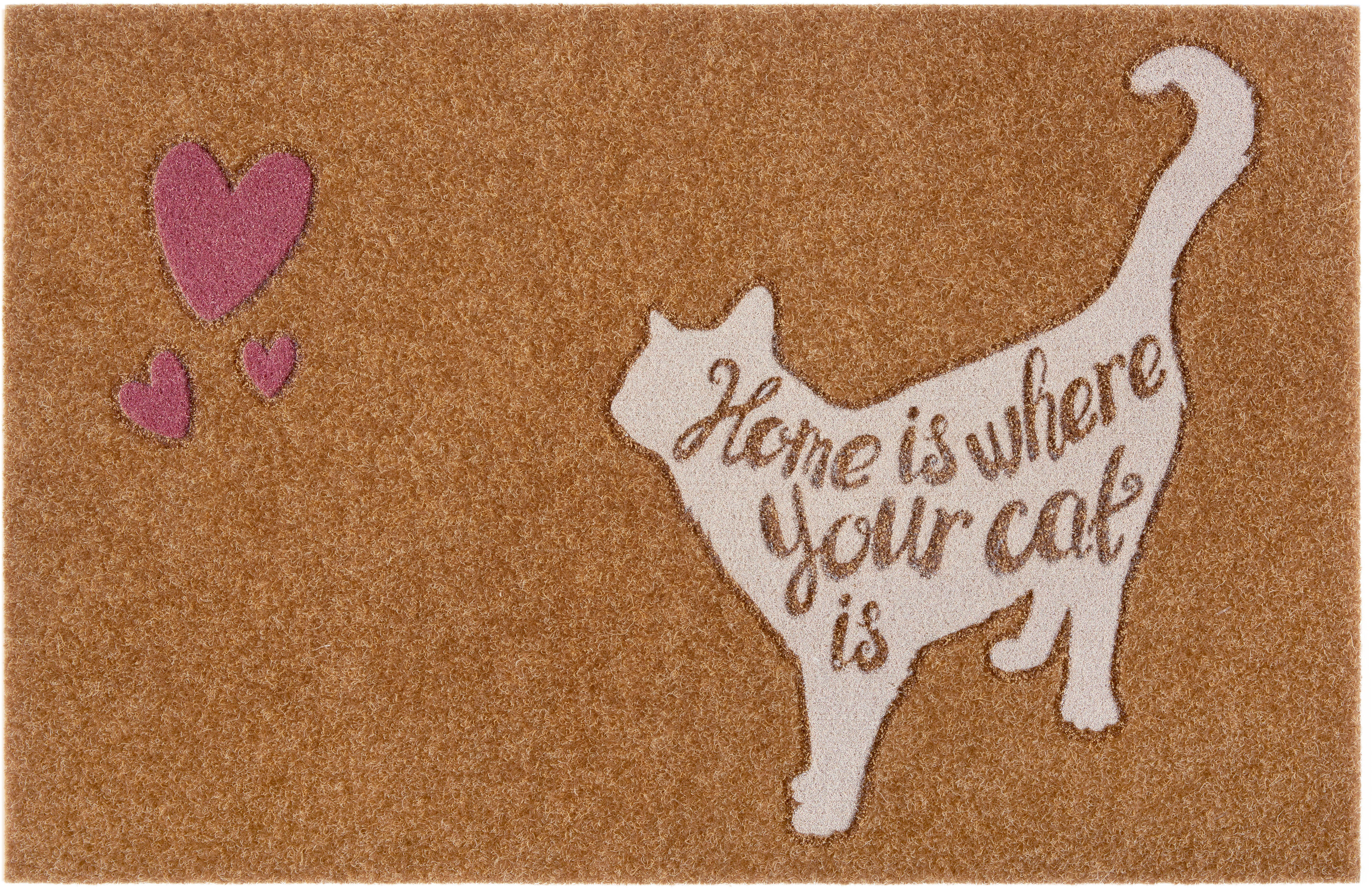 Fußmatte Katze mit Herz, my home, rechteckig, Höhe: 10 mm, mit Spruch, Tiermotiv, Kokos-Look, Robust, Pflegeleicht, Rutschfest | Flachgewebe-Teppiche
