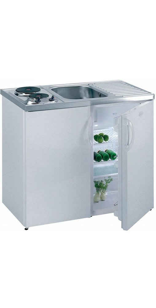 Spülenschrank Pantryküche PREMIUM - Spülbecken rechts - 860 x inklusive Kühlschrank mit Gefrierfach - 2 Elektro-Kochplatten - steckerfertig geliefert