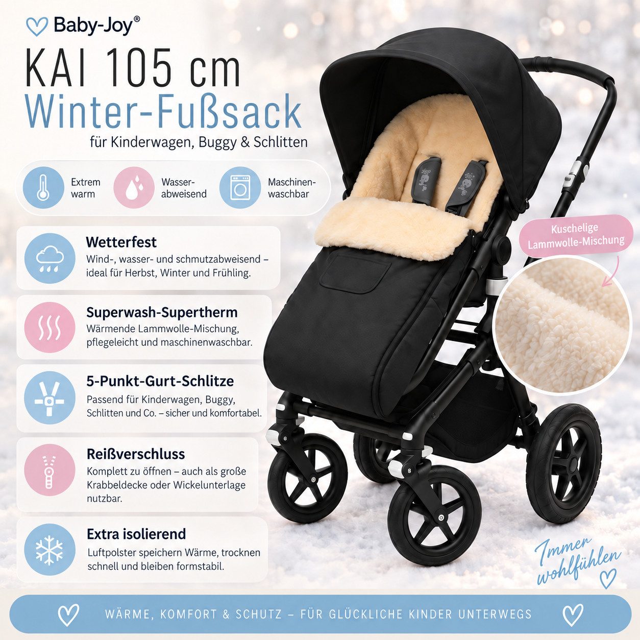 Baby-Joy Fußsack KAI XL 105cm Lammwolle Winterfußsack Thermo Babyfußsack 6 Mon - 3 Jahr, Wetterfest, Thermo-warm und Ultraweich – Bild 2 von 5