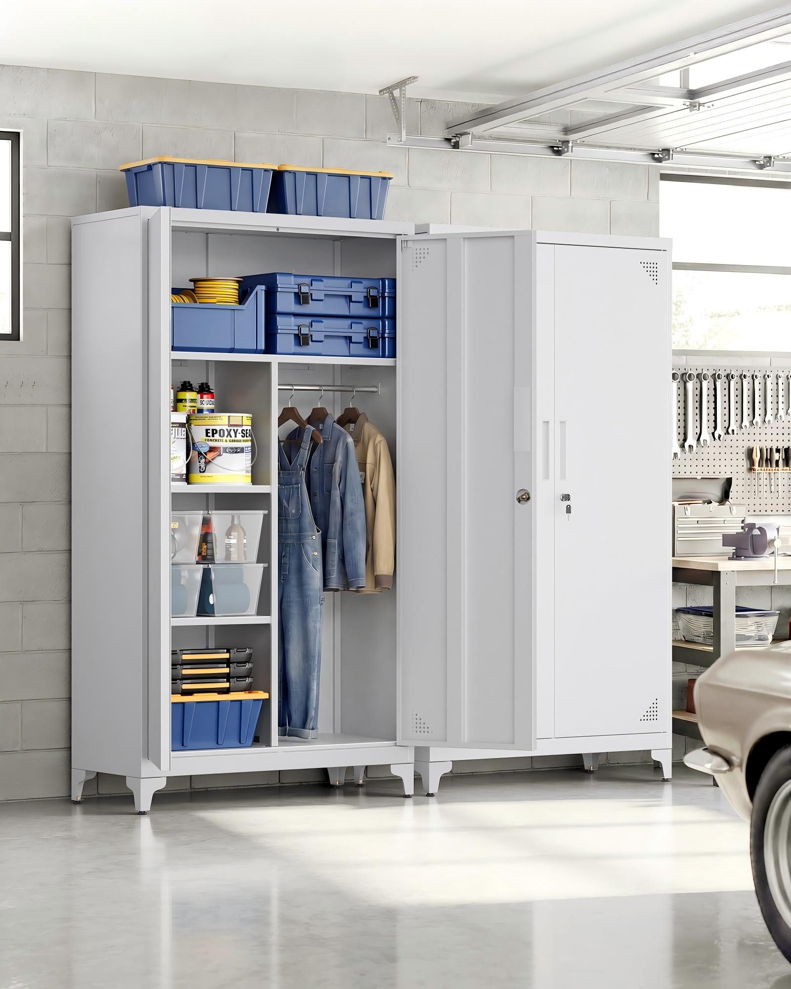 SONGMICS Aktenschrank Mehrzweckschrank, Garderobenschrank, Aufbewahrungsschrank Metallschrank, mit 5 Fächern, Hängestange, abschließbar, hohe Füße