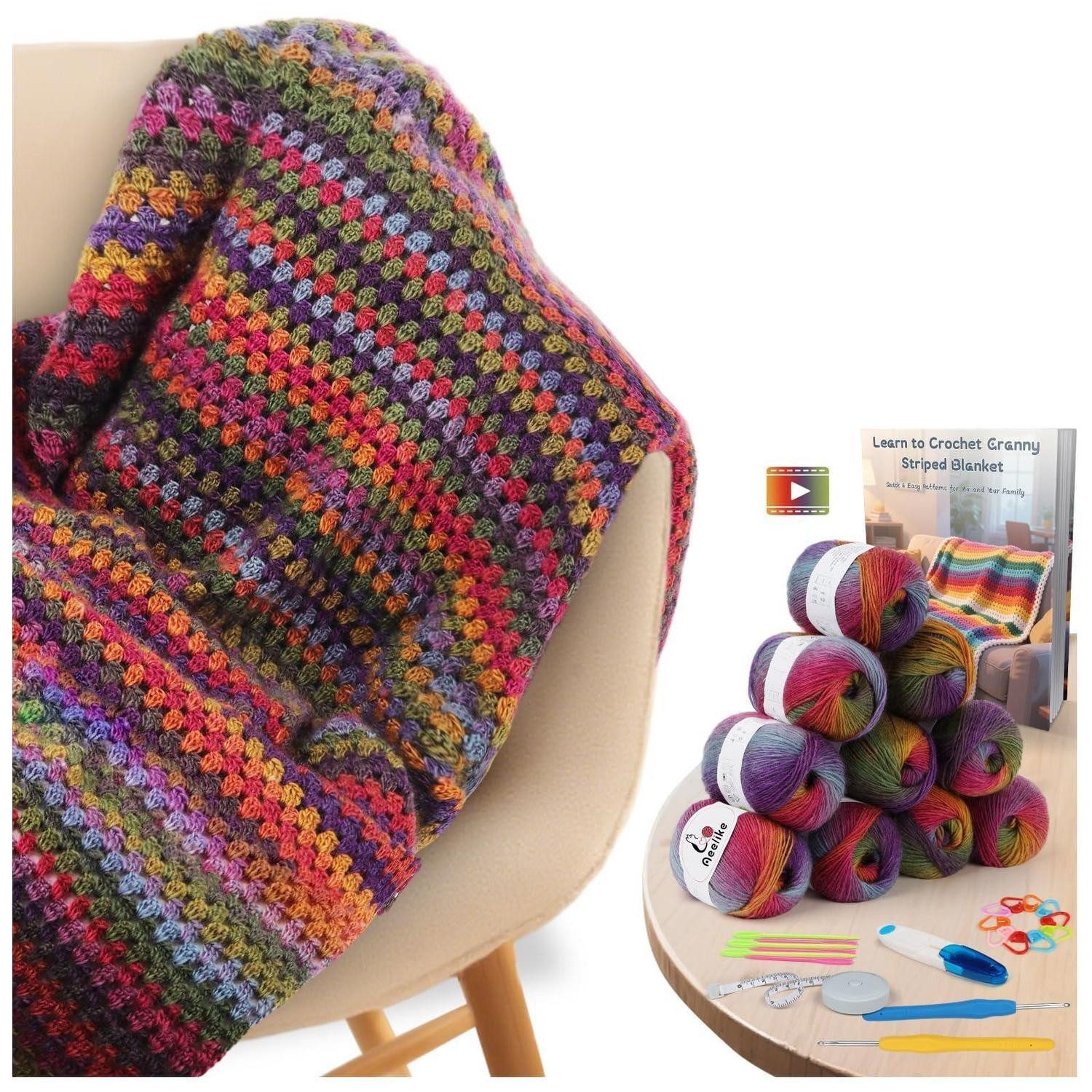 LuxusKollektion Häkelnadeln Häkelset Decke Ombre Regenbogen Vintage Anfänger
