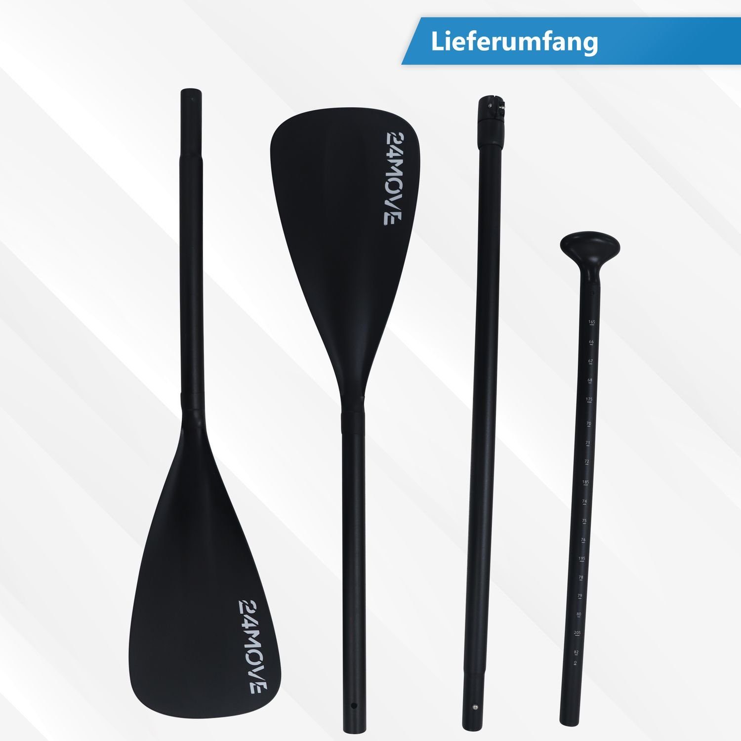 24Move Doppelpaddel, Premium Stand Up Paddle Aluminium, verstellbar, 4-teilig SUP-Paddel, (2 in 1 Paket, als Einzelpaddel oder Doppeltes Paddel, schwarz), für Paddelboards, Kajakboot und Ruderboot, universell einsetzbar