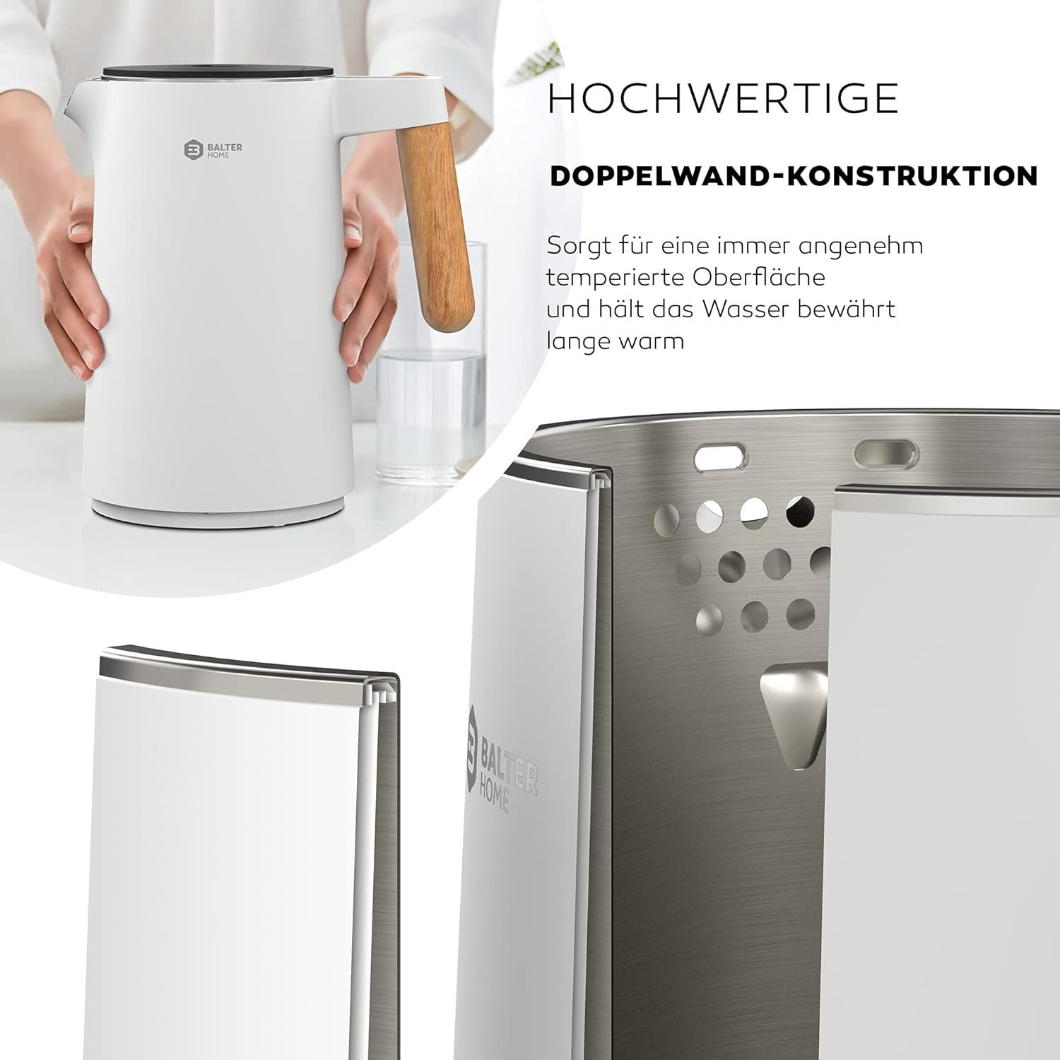 Balter Wasserkocher hochwertiger Teekocher aus Edelstahl, 1.5 l, 2200,00 W, kabelloser Wasserkocher mit Temperatureinstellung, BPA frei