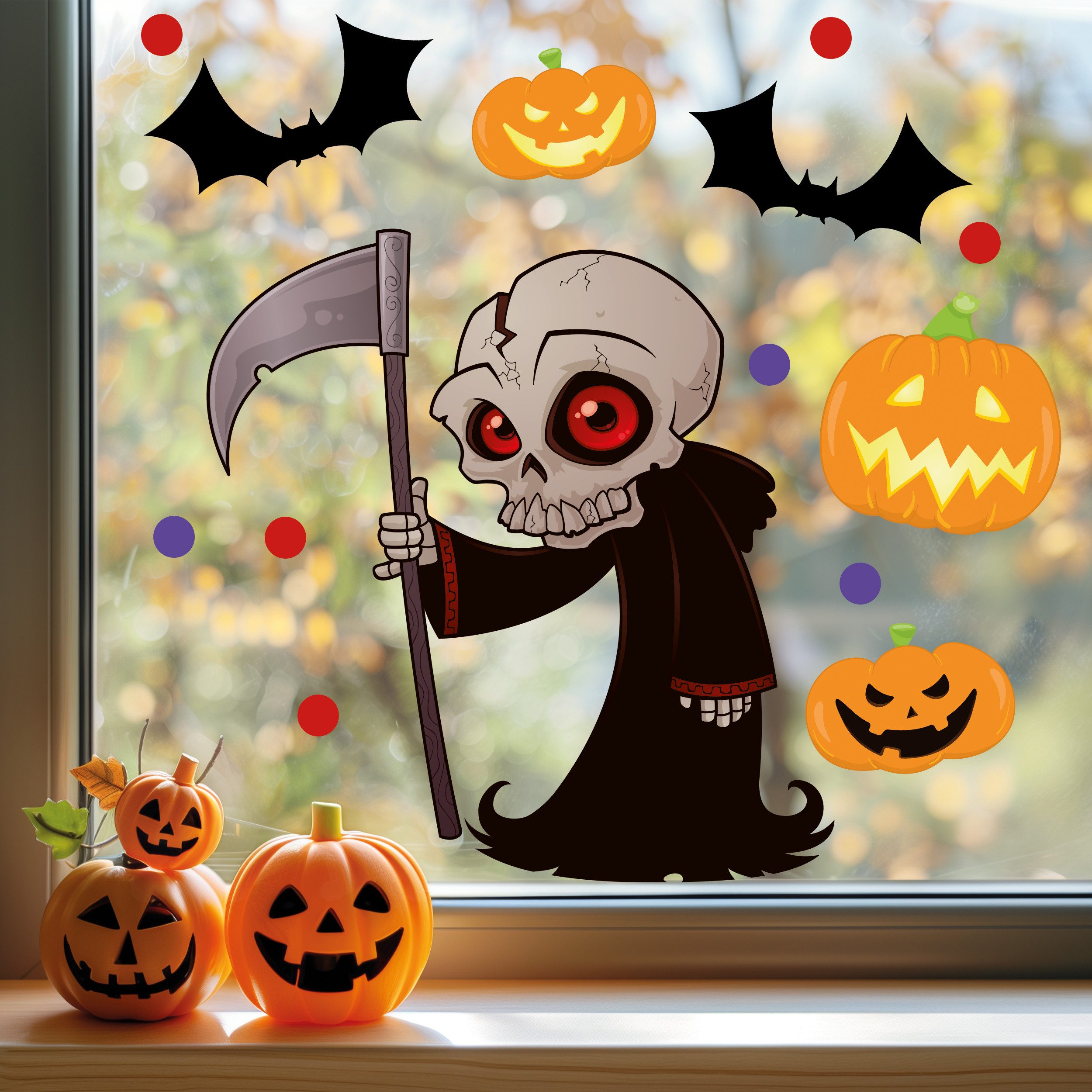 Sunnywall Fensterbild Fensterbild wiederverwendbare Fensterbilder Halloween Sensenmann, wiederverwendbar, statisch haftend, beidseitiger Druck, nachhaltig