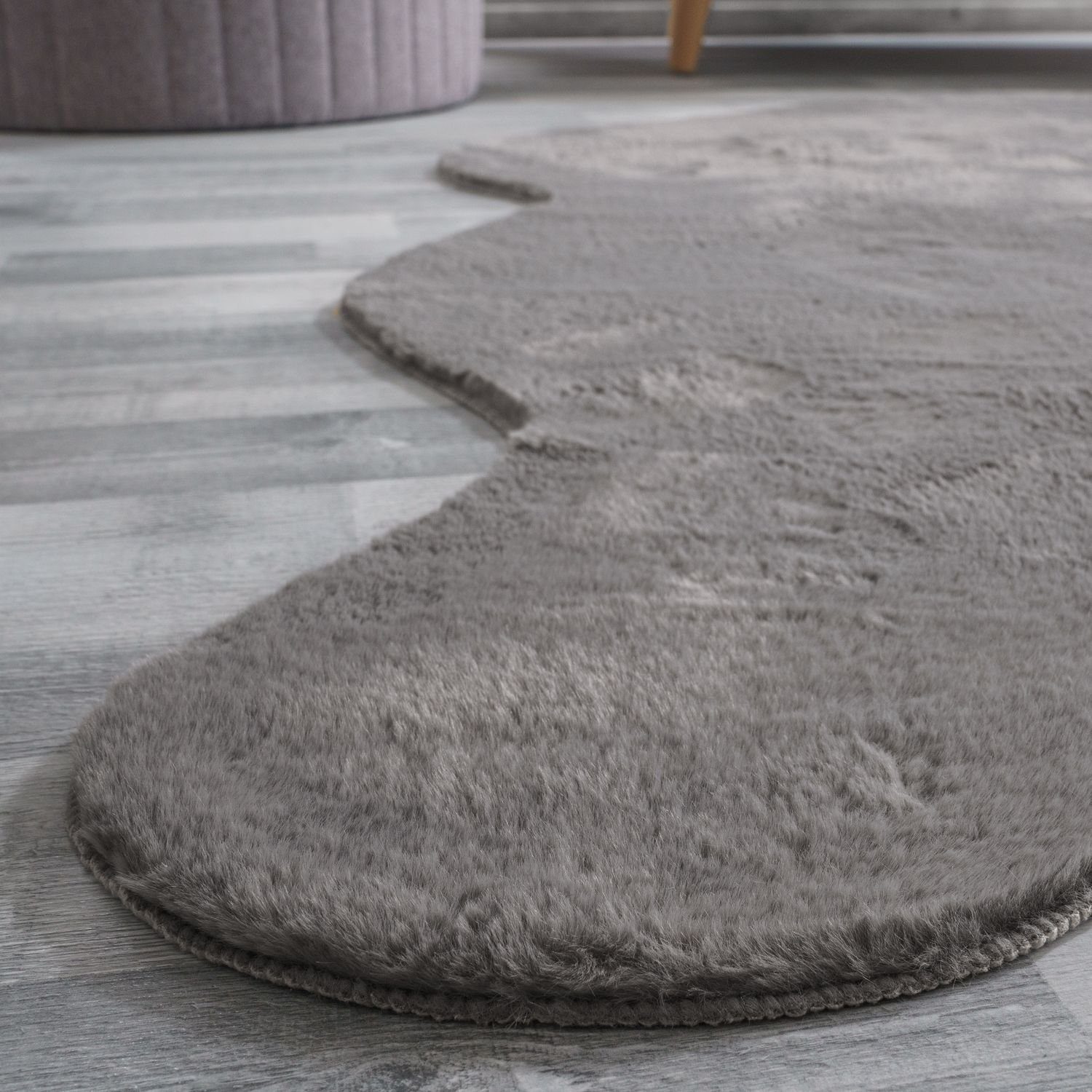 Teppich Wohnzimmer Teppich Unifarben Flauschig Fell-Form, TT mm Home, Höhe: 16 Kunstfell Anthrazit Kurzflor, Modern