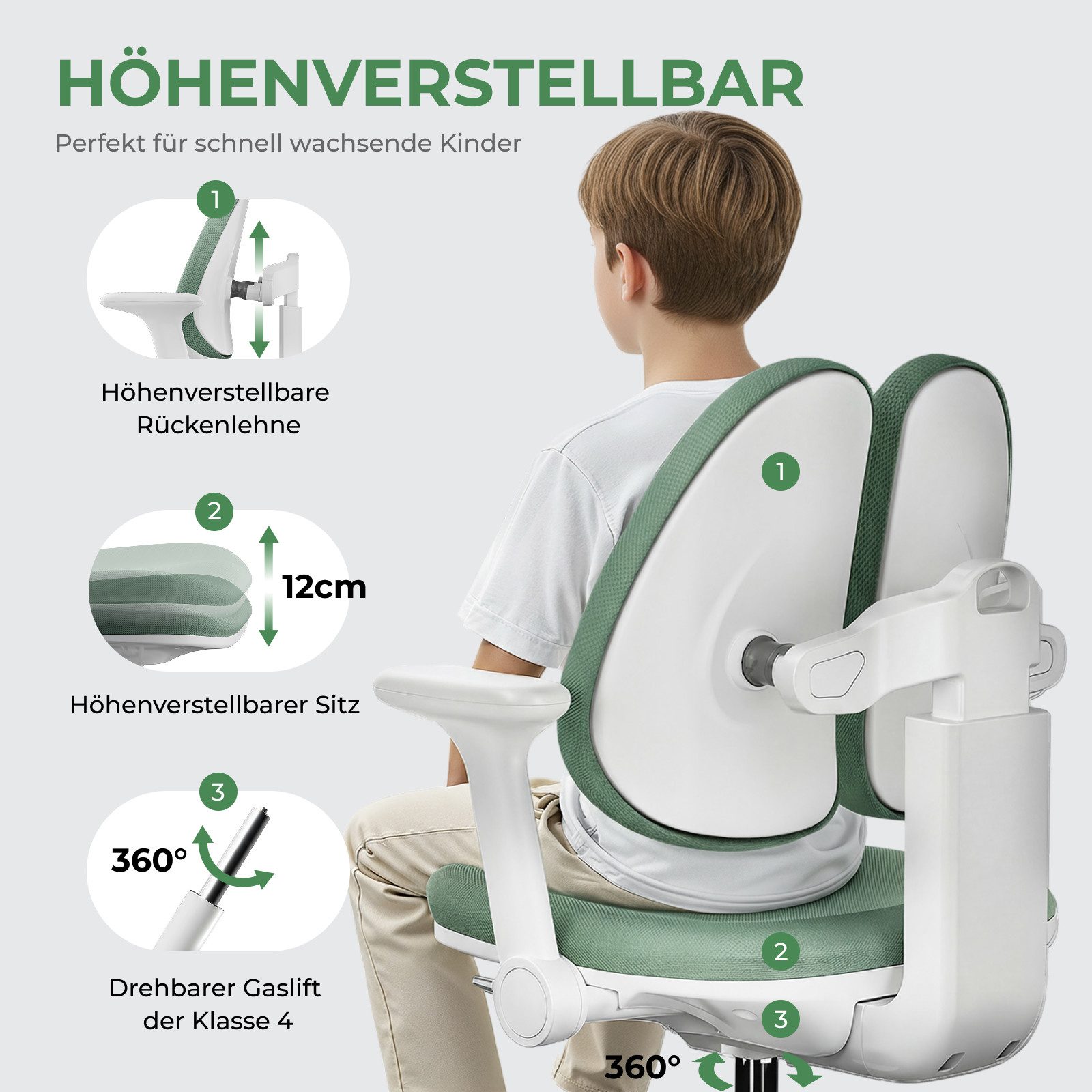HOKO Kinderstuhl höhenverstellbar für Kinder & Jugendliche (Kinderschreibtischstuhl, mit verstellbarer, abnehmbarer Fußstütze und klappbaren Armlehnen, 1 St), Sitzhöhe 43–54 cm, 10 cm Sitzverstellung, Sperrrollen, Grün, ANTON
