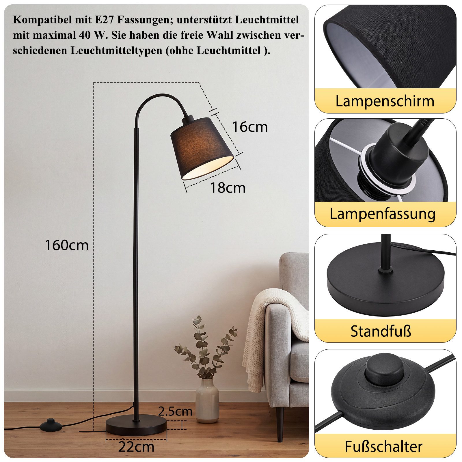 Nettlife Stehlampe Schwarz Beige Stoff stehleuchte drehbarem Lampenschirm Moderne E27, ohne Leuchtmittel, Fassung 360° drehbarem Lampenschirm für Wohnzimmer Sch – Bild 4 von 5