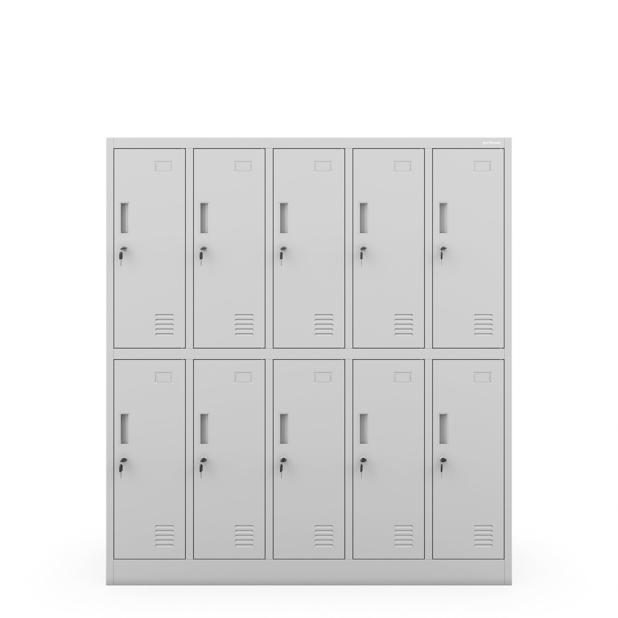 Jan Nowak Mehrzweckschrank Metall Schulspind 136 cm BARTUS 10 Fächer abschließbar 150 cm (Spind Kindergartenspind Umkleide Sportverein Flur Kinder, 0,6 mm 150 x 136 x 45 cm Wandmontage Zylinderschloss 30 kg 66 kg) Lüftungsschlitze Namensschildhalter Kleiderstange Ablage 5 Farben