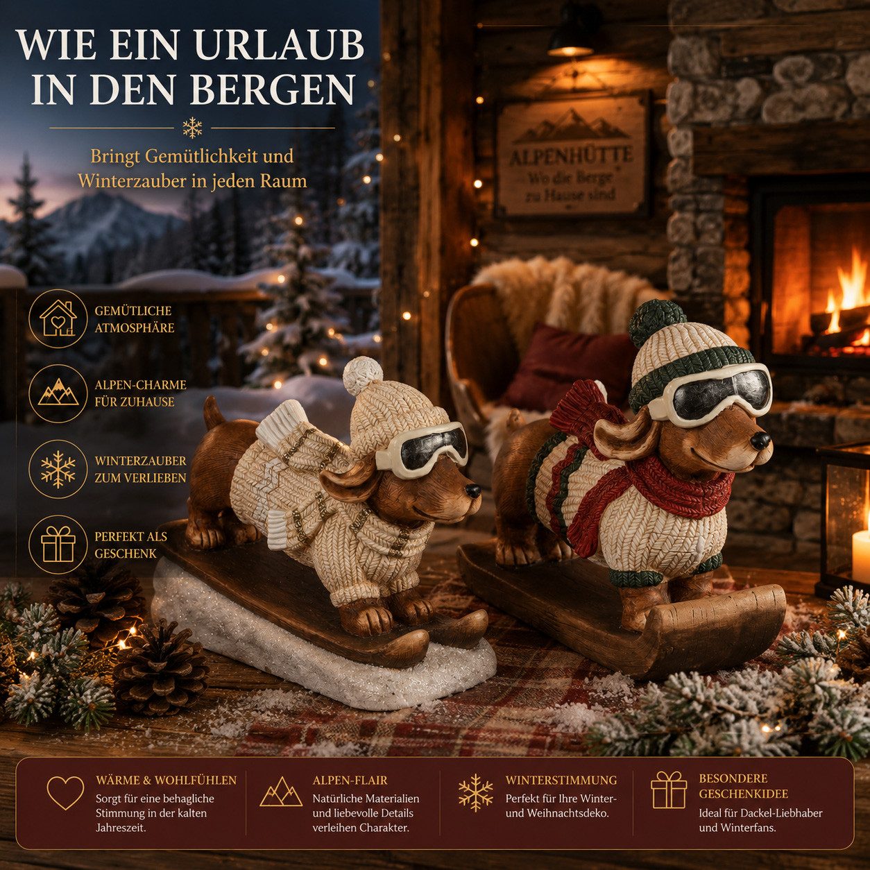 formano Dekofigur 2er Set Dackel auf Snowboard 50 cm Deko Winterdeko Weihnachtsdeko