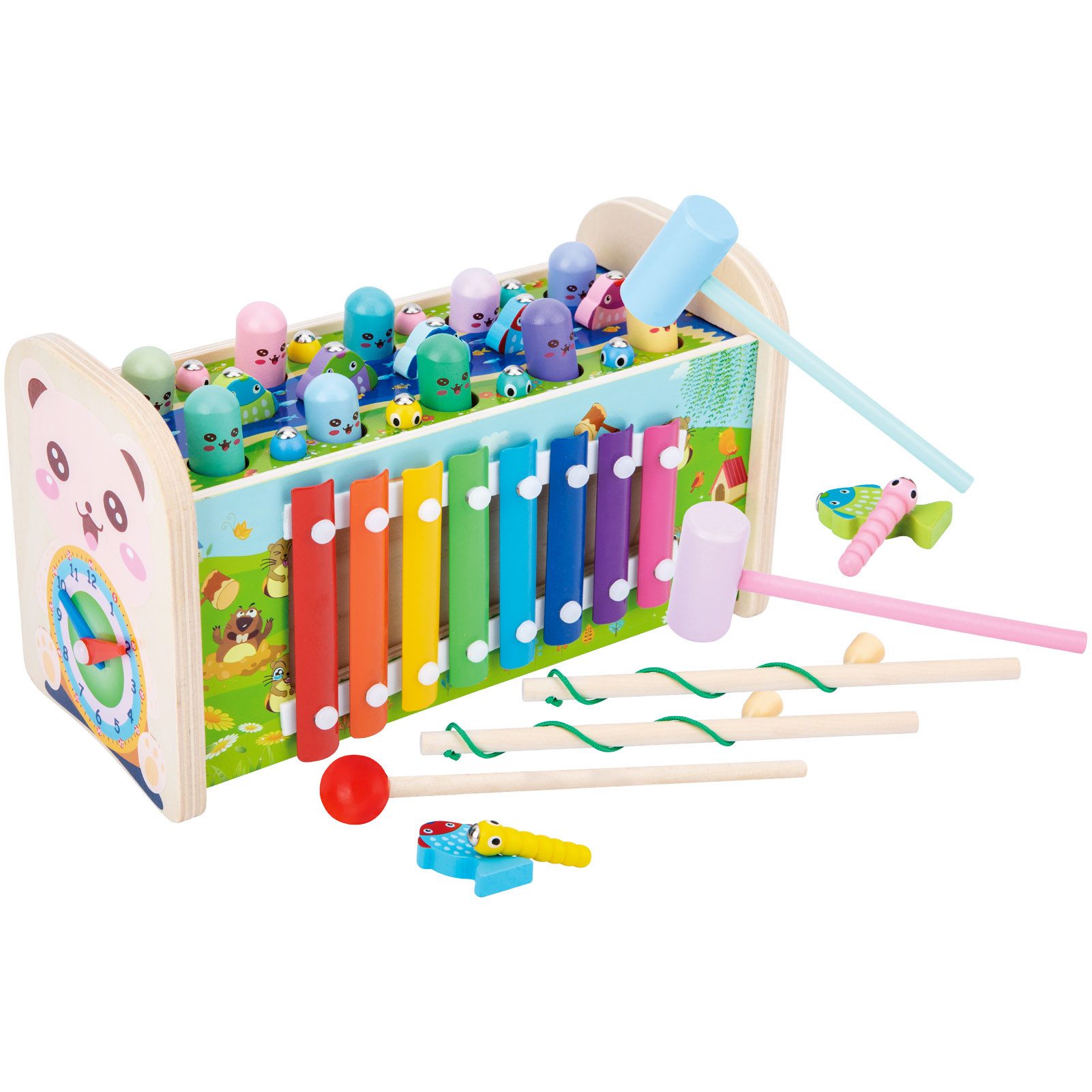LBLA Lernspielzeug (7-in-1 Montessori Hammer- und Musikspielzeug, Holz Lernspielzeug mit Xylophon, Angelspiel, Wurm Fangen), für Kinder ab 2 Jahren