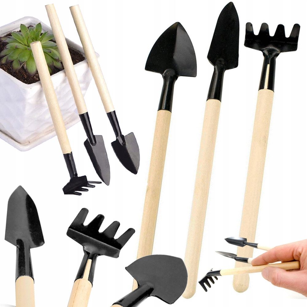VERK GROUP Gartenpflege-Set 3x Mini Gartenwerkzeug Set Schaufel Spaten Harke für Pflanzen, 3-teilig, kompakt, Holzgriffe, Metallköpfe, leicht und handlich