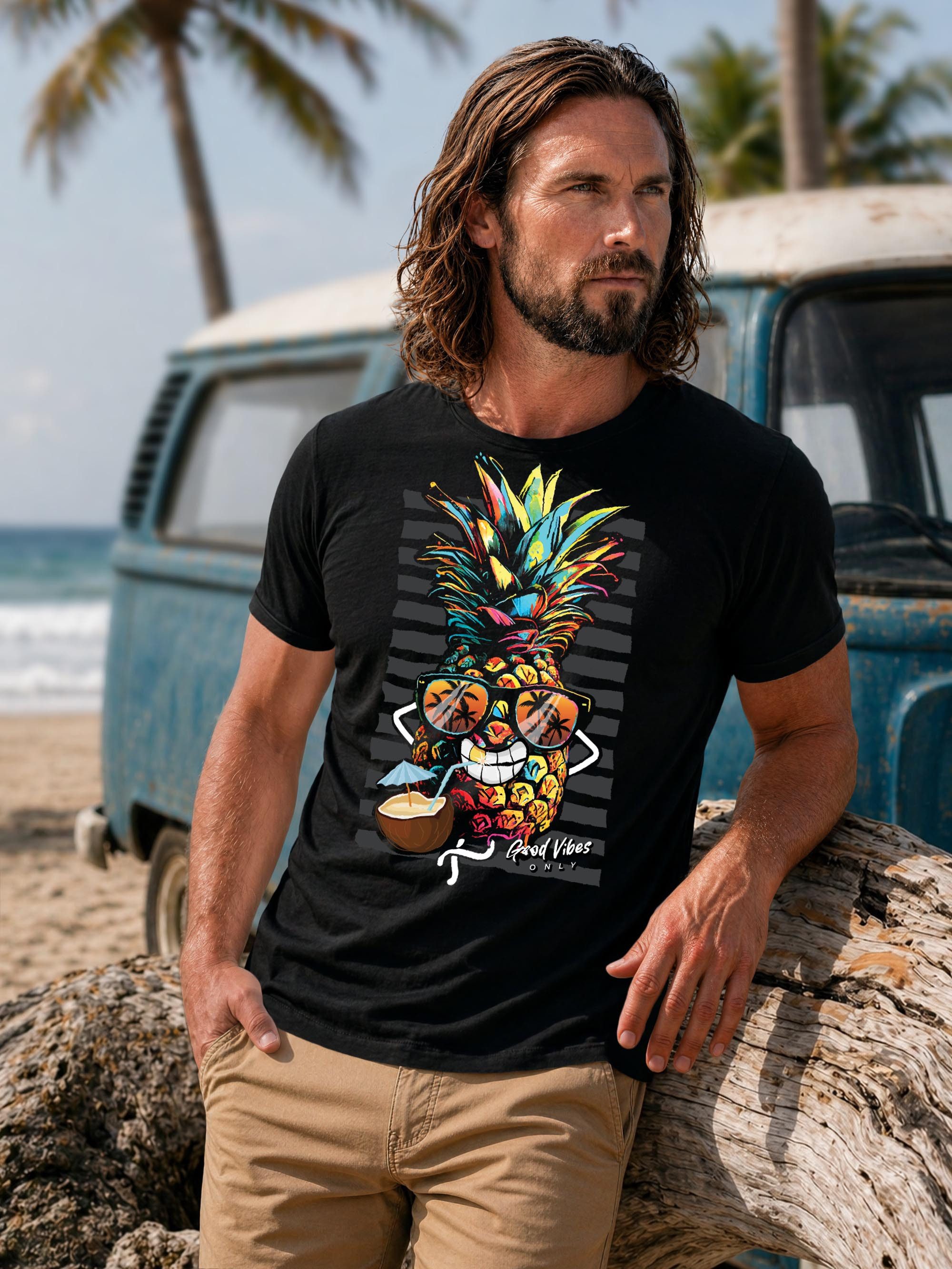 Neverless Print-Shirt Herren T-Shirt Ananas Good Vibes Sommer Sonne Party Cocktail Fashion mit Print