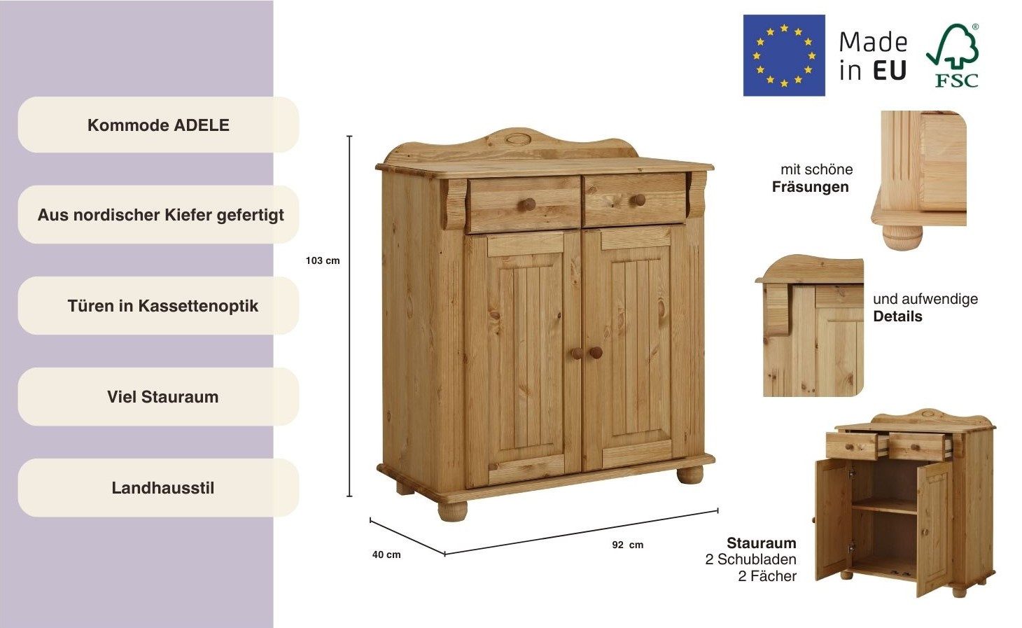OTTO home Kombikommode Adele, aus massiver Kiefer, 92cm breit