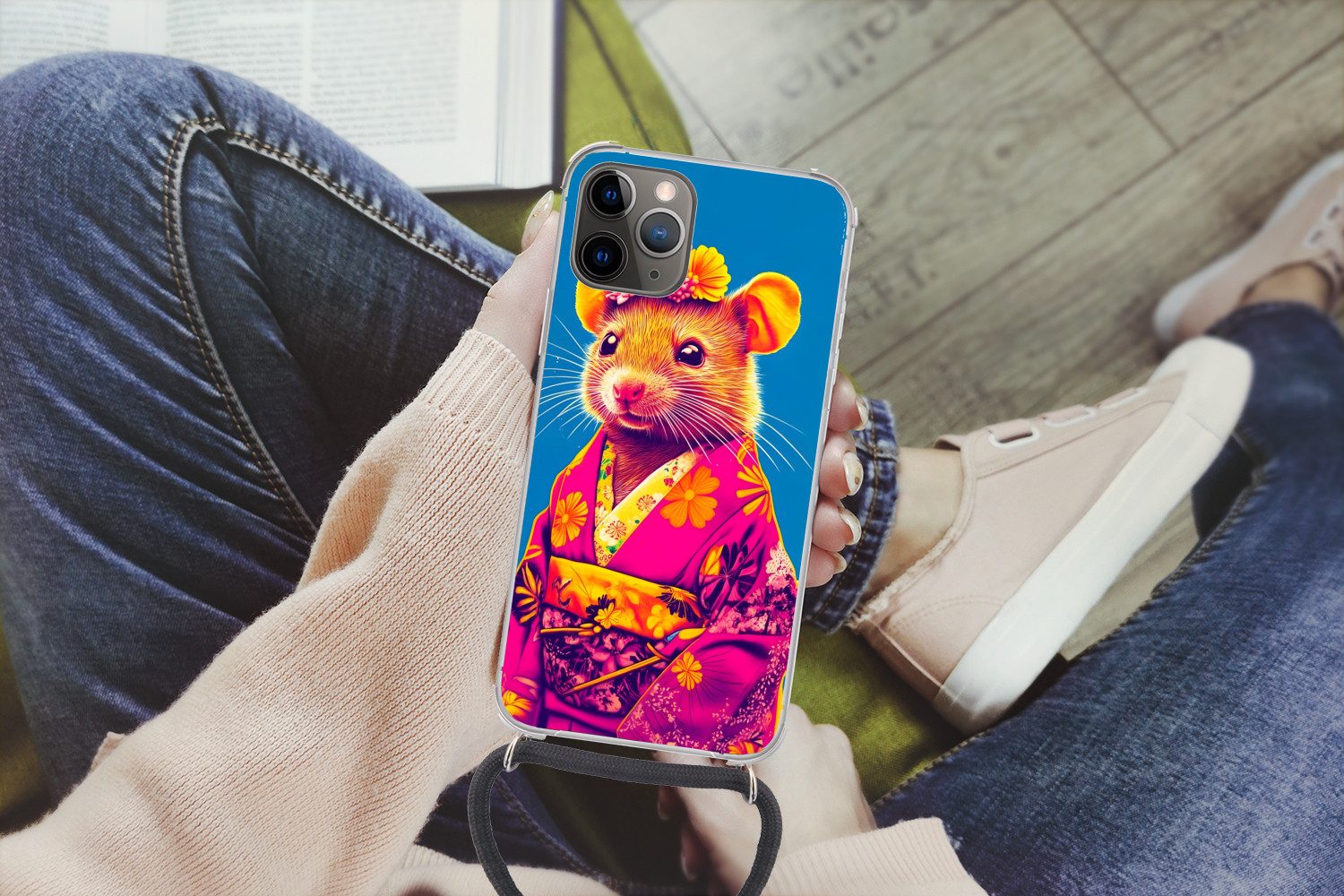 MuchoWow Handyhülle für Apple iPhone 13 Pro Max Maus - Kimono - Blumen - Blau, Tragbare Handyhüllen mit Kette zum umhängen, Handykette Handyband