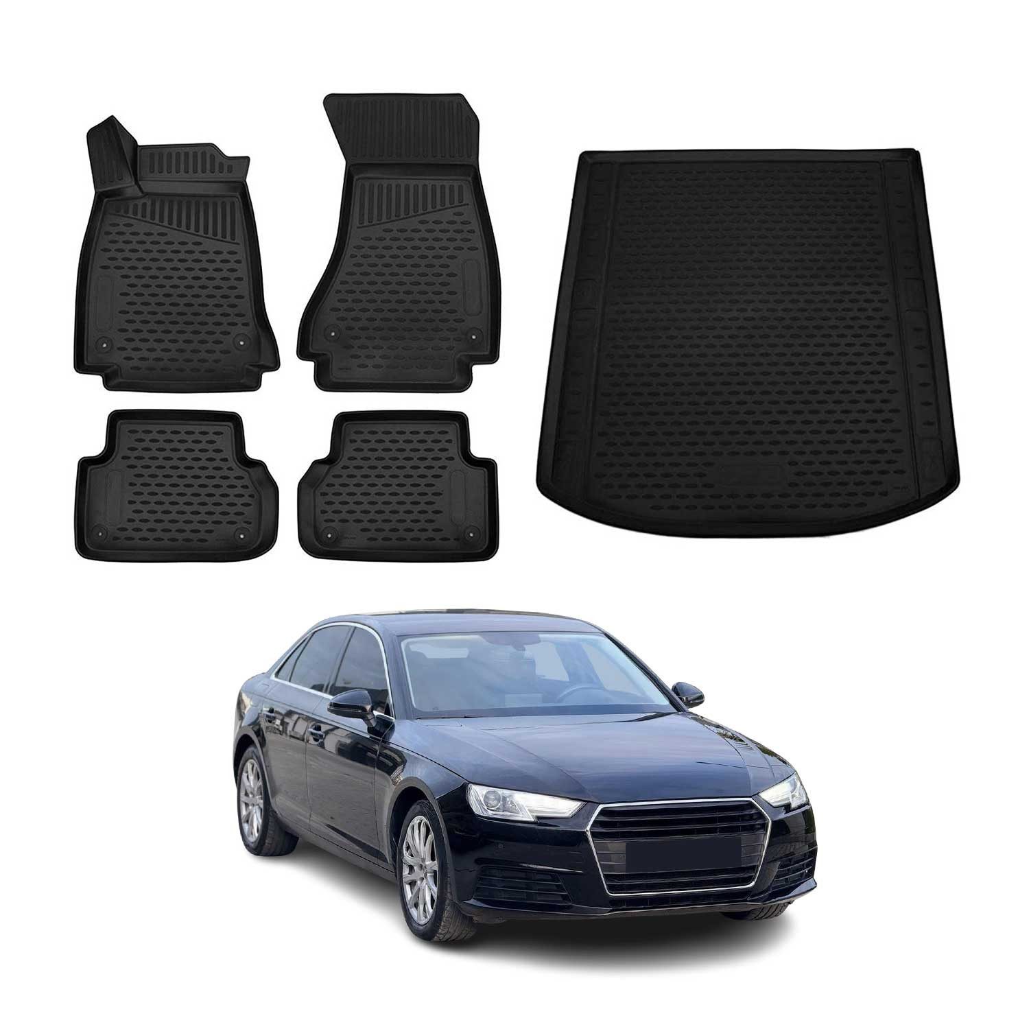 Auto-Fußmatten Kofferraumwanne Set für Audi A4 S4 B9 Limo 2015-2025 Gummi Schwarz
