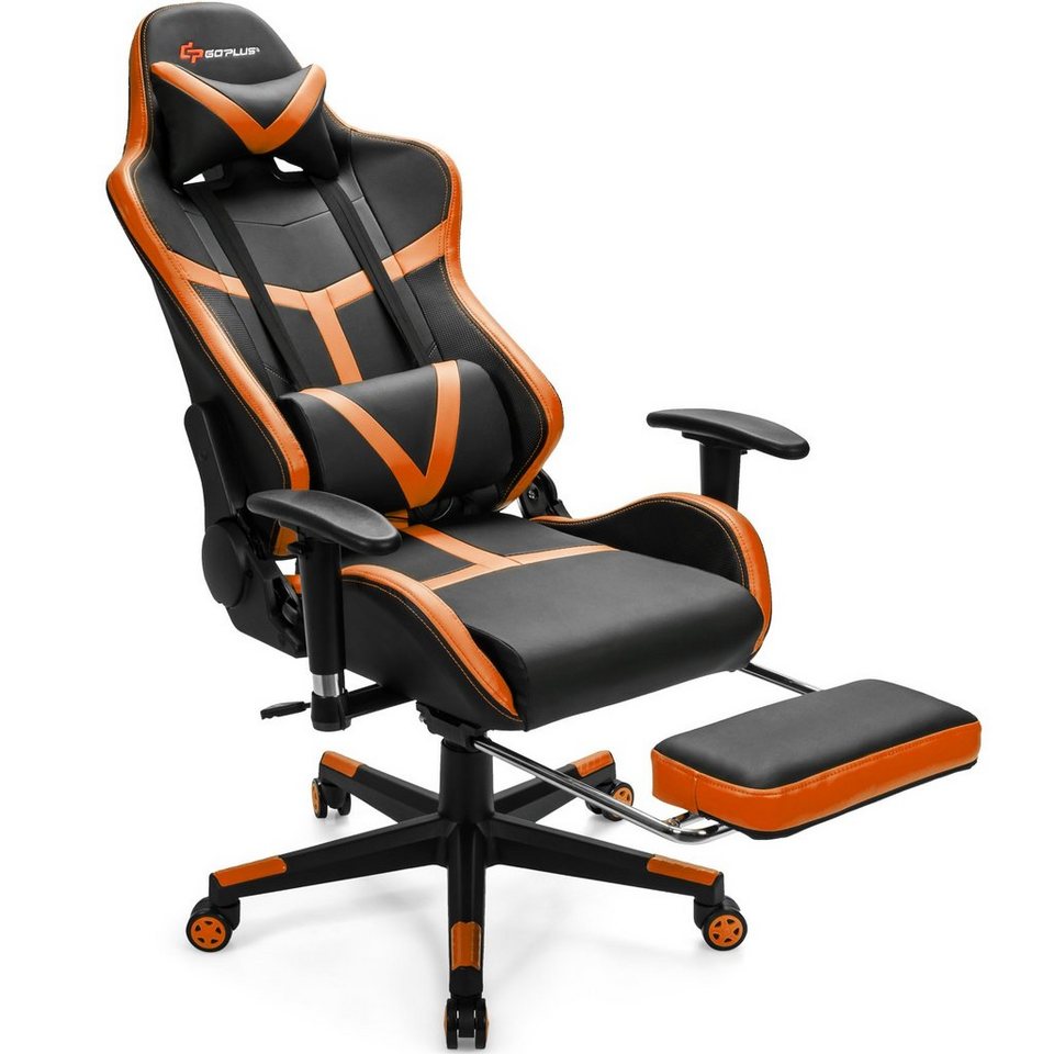 COSTWAY Gaming-Stuhl, mit Lendenkissen einziehbarer Fuß- & Kopfstütze