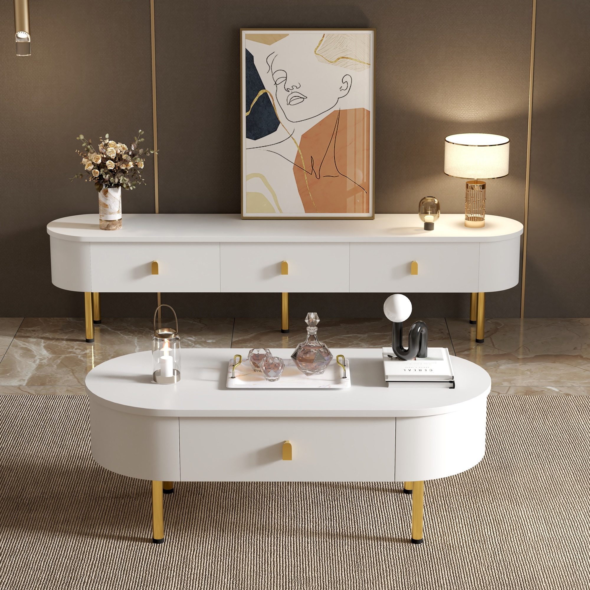 IDEASY Wohnzimmer-Set TV-Schrank mit Couchtisch, Schubladen & runde Ecken