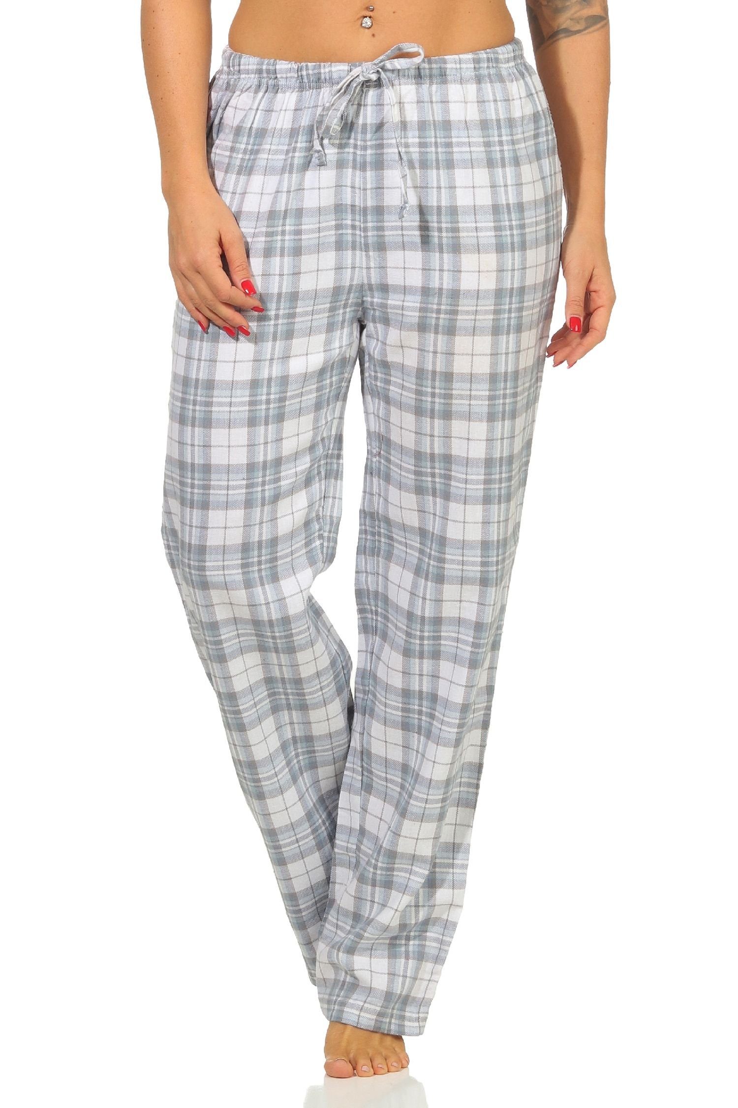 Normann Pyjama Dame Flanell Schlafanzug Hose kariert aus Baumwolle ideal zum relaxen Karo blau