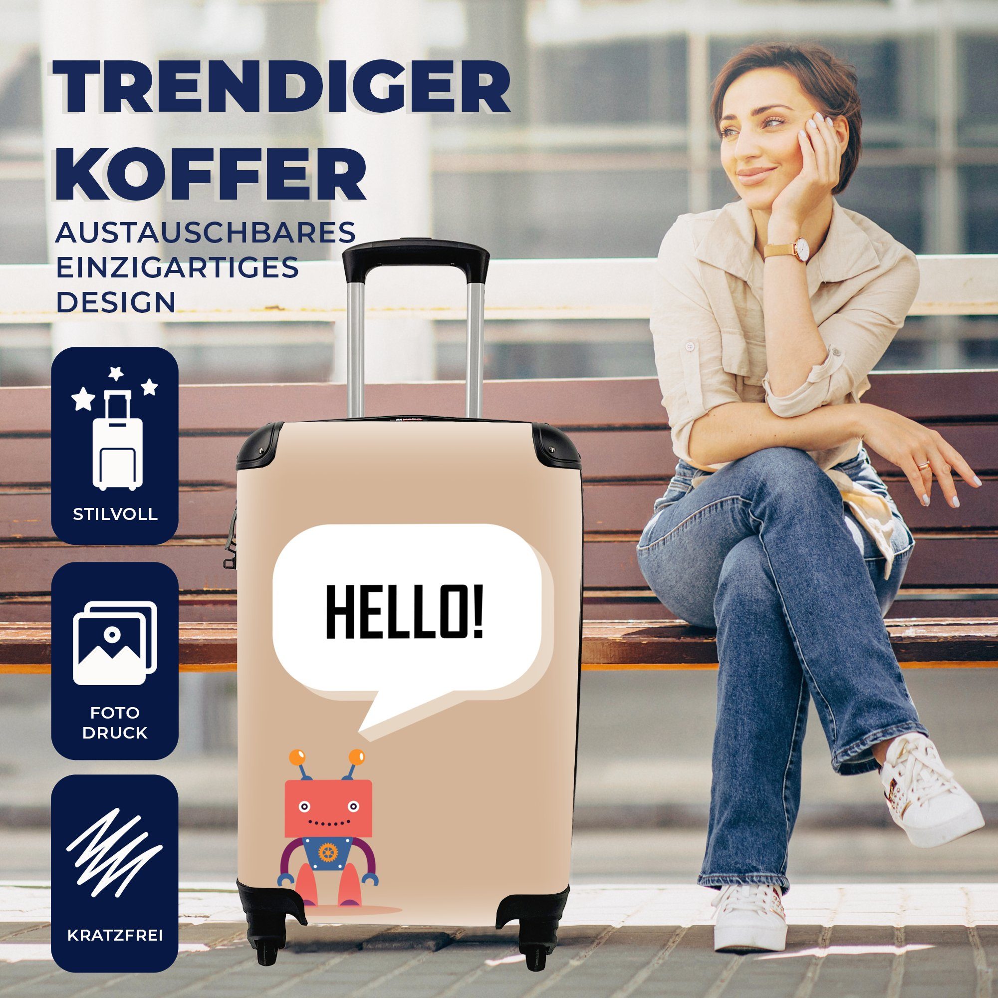 Rollen, Hallo! Ferien, Zahnrad - Handgepäckkoffer - - MuchoWow - Sprichwörter Trolley, Kinder, Reisetasche Reisekoffer rollen, - Zitate mit Handgepäck Roboter 4 für