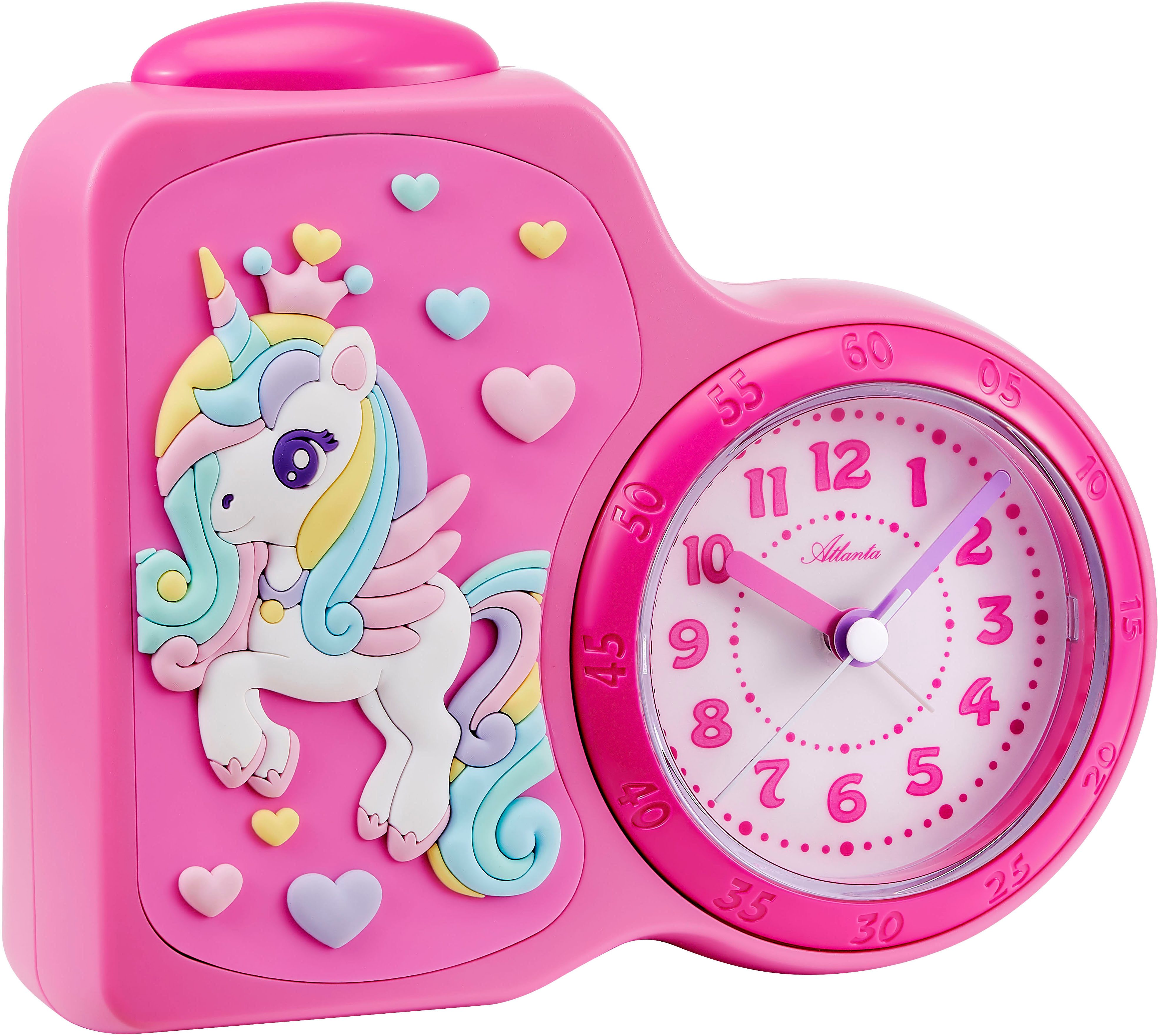 Atlanta Kinderwecker ideal für Reisen, Geschenkidee, Beleuchtung, Herz, Einhorn, analog