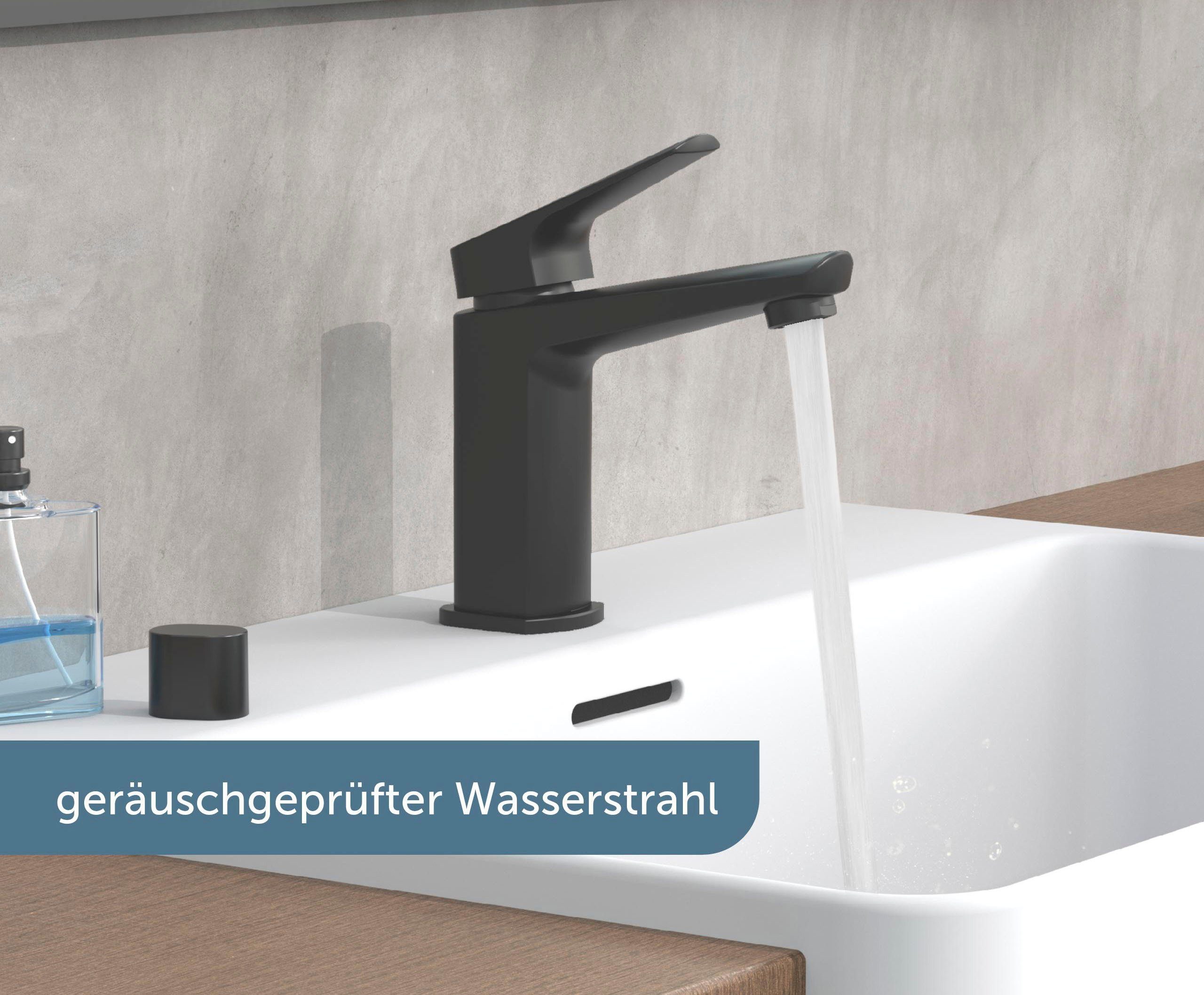 Wasserhahn RAVEN Ablaufgarnitur, schwarz Abflussstopfen mit Pop Mischbatterie Waschtischarmatur Schütte mit Up