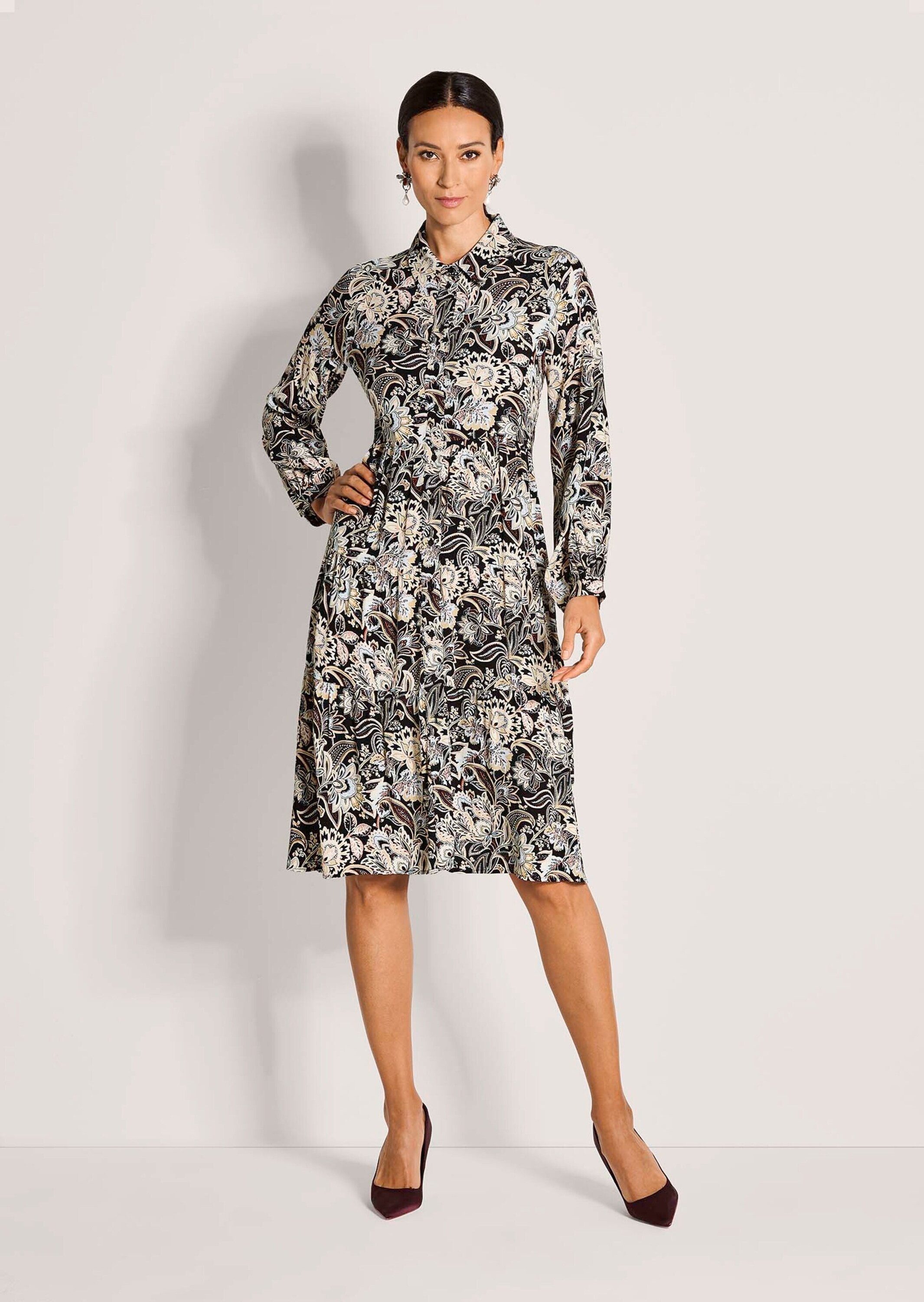 MADELEINE Midikleid Druck-Damenkleid mit Knopfleiste Mit floralem Muster, Hemdkragen und langen Ärmeln