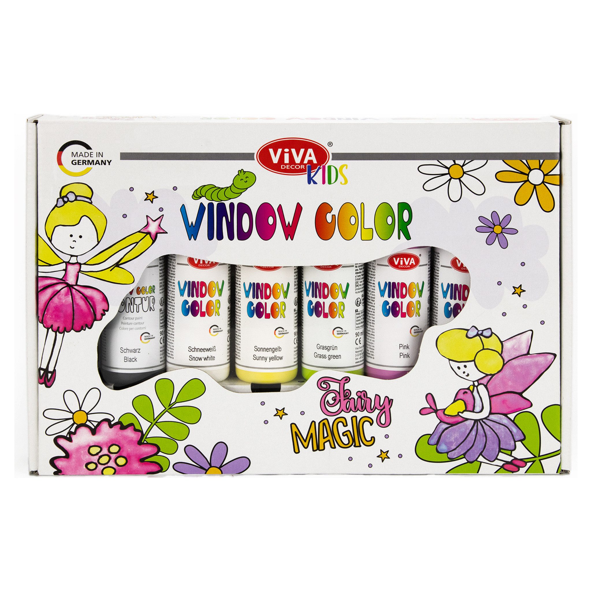 Viva Decor Bastelfarbe Window Color Set Fairy Magic 6 Farben Feen & Elfen mit A3, Feen & Elfen, große Flaschen, A3-Malvorlage