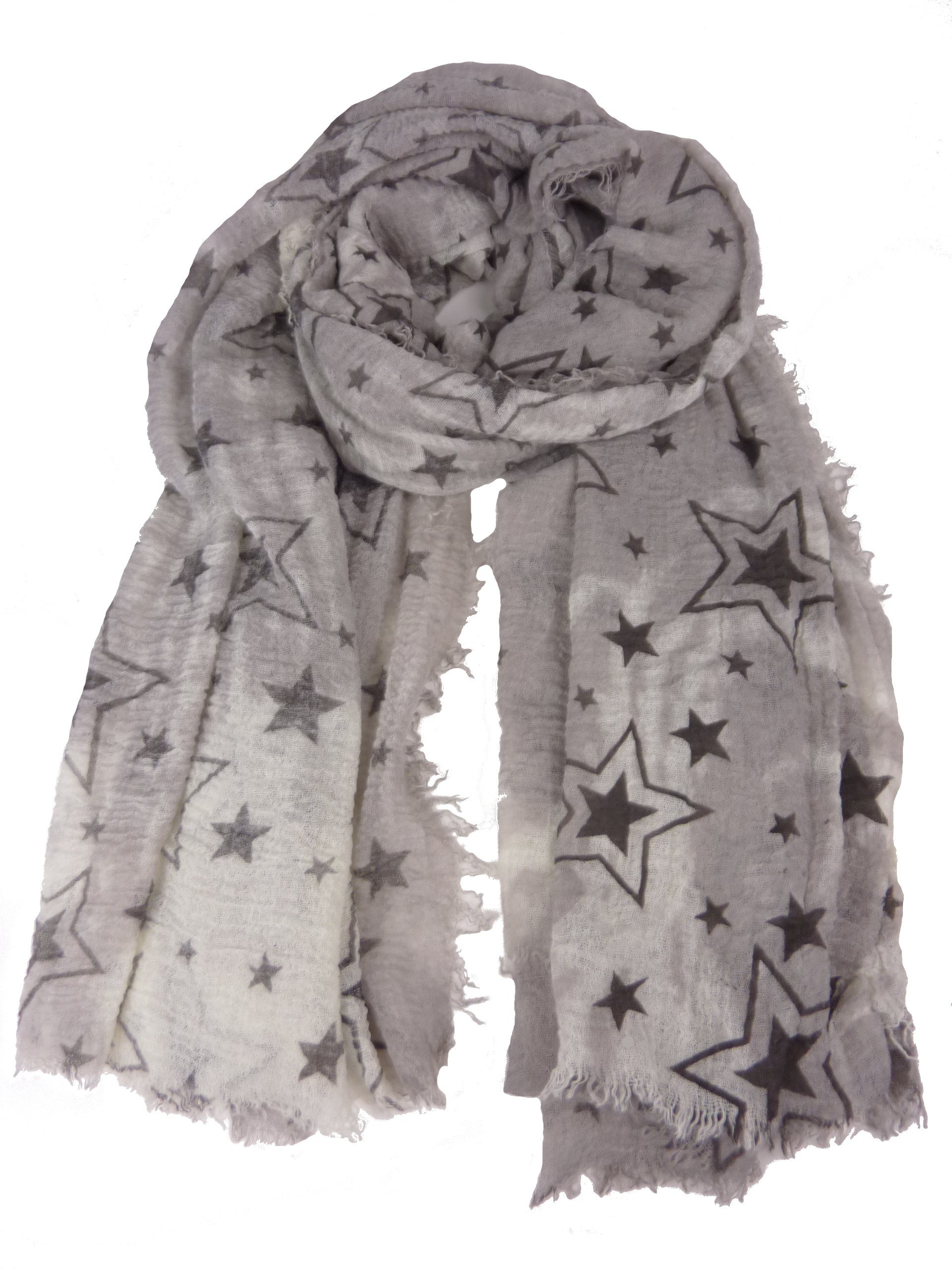 Taschen4life Schal Damen Schal mit Fransen und Sternen QF-205, Tücher & Schals von Delfin grau
