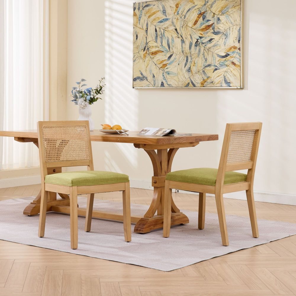 BBWL Rattanstuhl 2er Set aus Massivholz mit Rattanlehne, Leinenpolster, S-Federung, Esszimmerstühle, Mid-Century Farmhouse