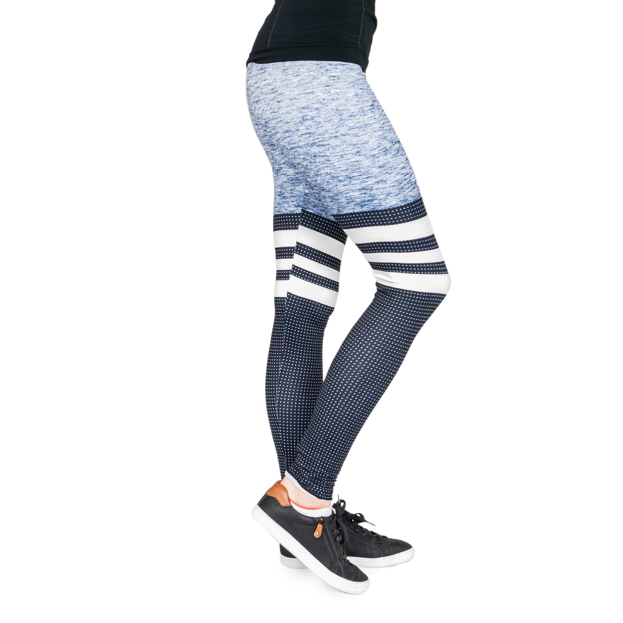 cosey Leggings Yoga & Fitness-Leggings (Einheitsgröße) - Stripes & Dots Schwarz-Grau (atmungsaktiv • schnelltrocknend • blickdicht • figurbetonte Passform, Einzelartikel) Stripes & Dots Schwarz-Grau
