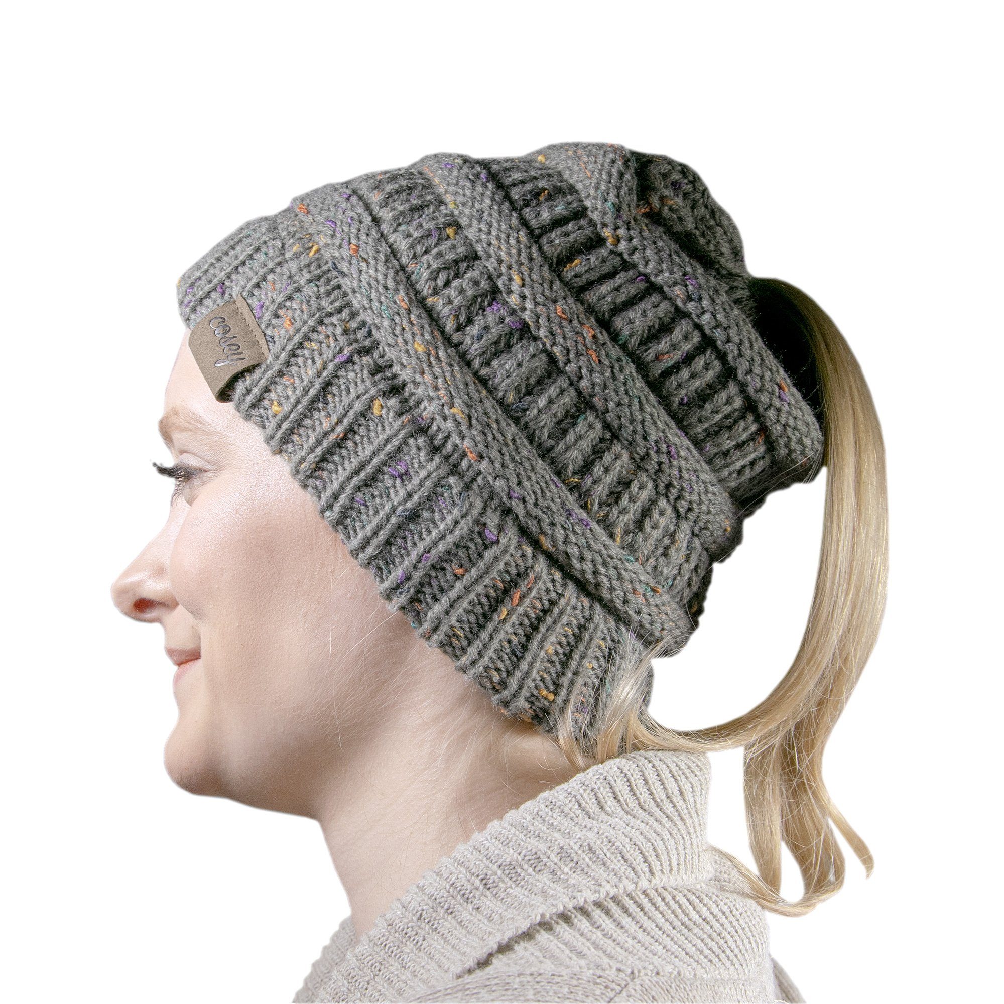Strickmütze Pferdeschwanz-Mütze mit Zopfloch für Damen und Mädchen