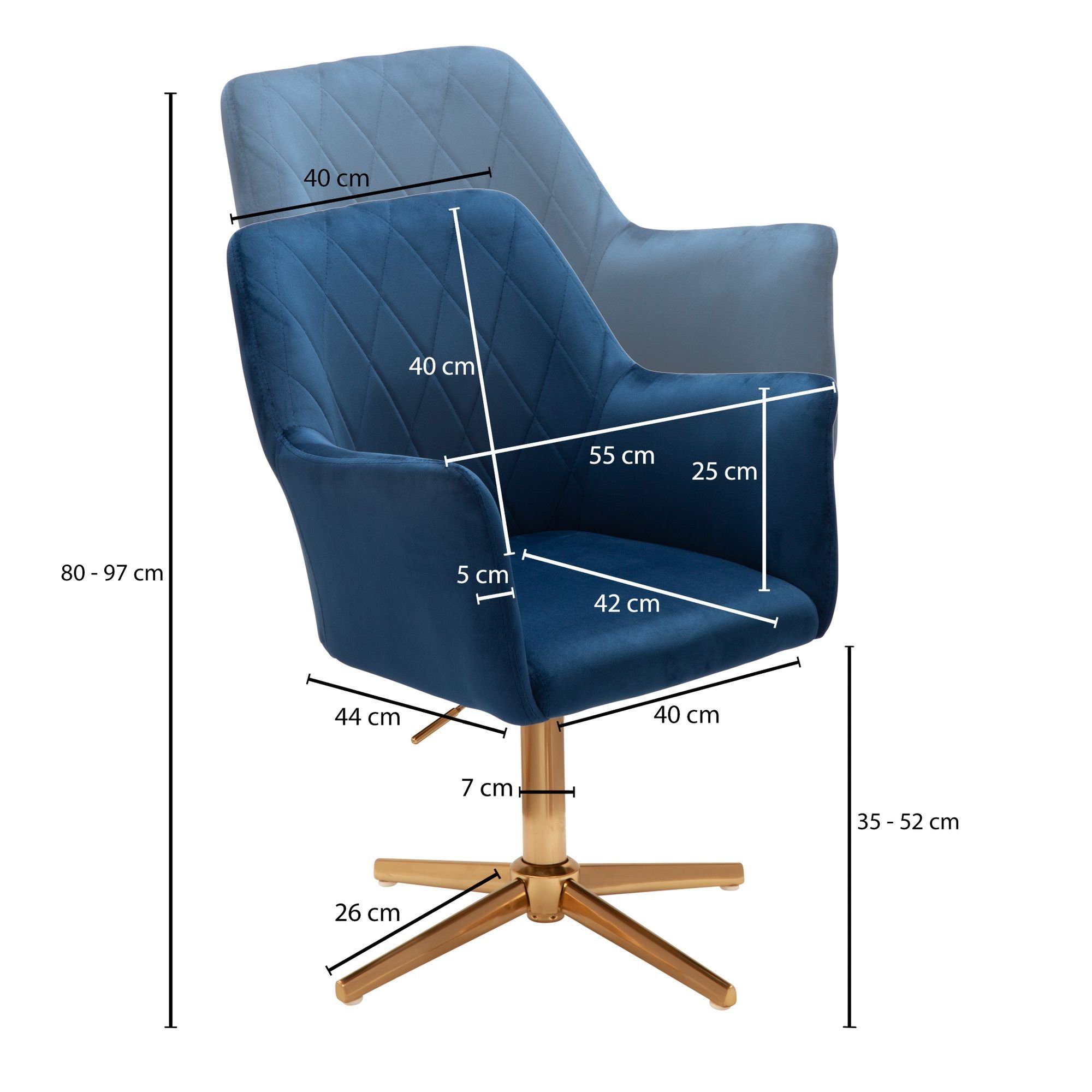 FINEBUY Drehstuhl Design Blau mit Höhenverstellbar, Blau Lehne), kg 120 FB24212 | Schalenstuhl Drehbar Blau, Drehbar Schreibtischstuhl (Samt