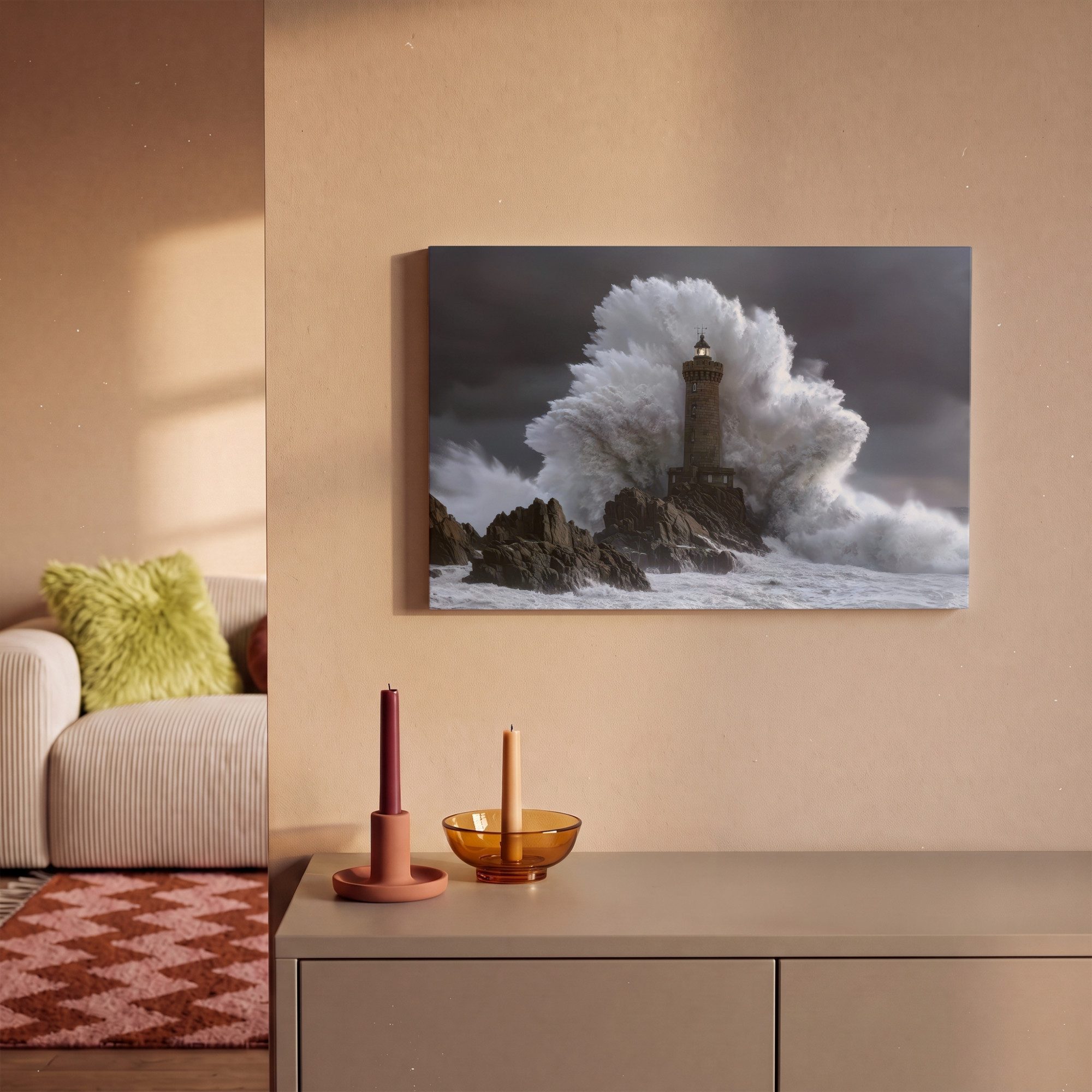 OneMillionCanvasses® Leinwandbild Welle - Leuchtturm - Schäumendes Wasser, Fotodruck (1 St), Leinwand Canvas Wandbild, Wanddekoration 20x30 cm – Bild 2 von 5